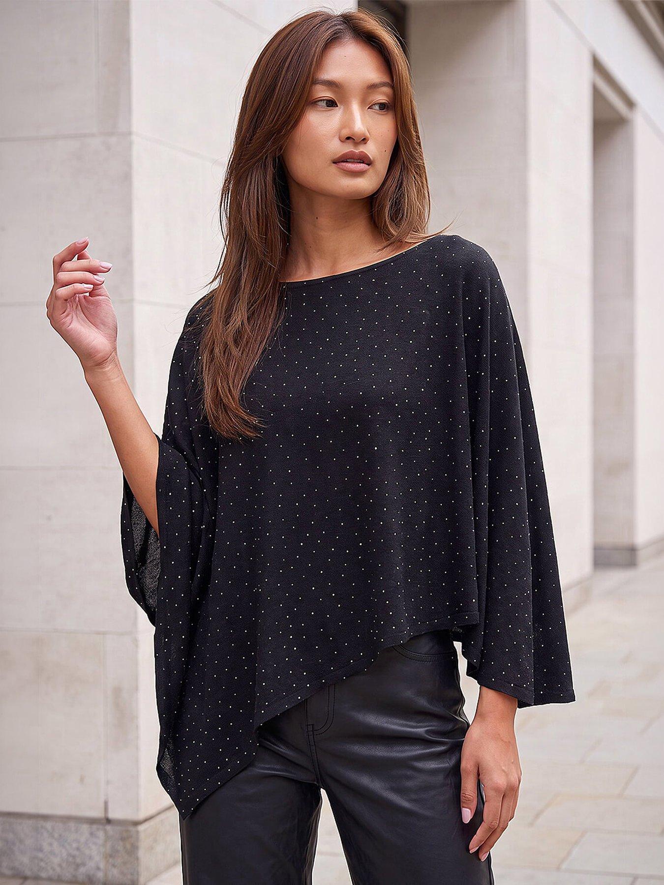 Image 1 of 4 of Roman Womens Stretch Cape Asymmetric Hem Top - Black