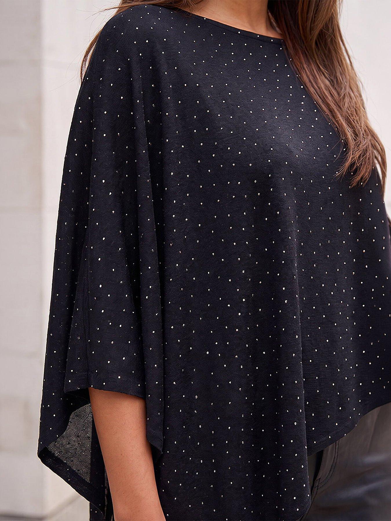 Image 2 of 4 of Roman Womens Stretch Cape Asymmetric Hem Top - Black