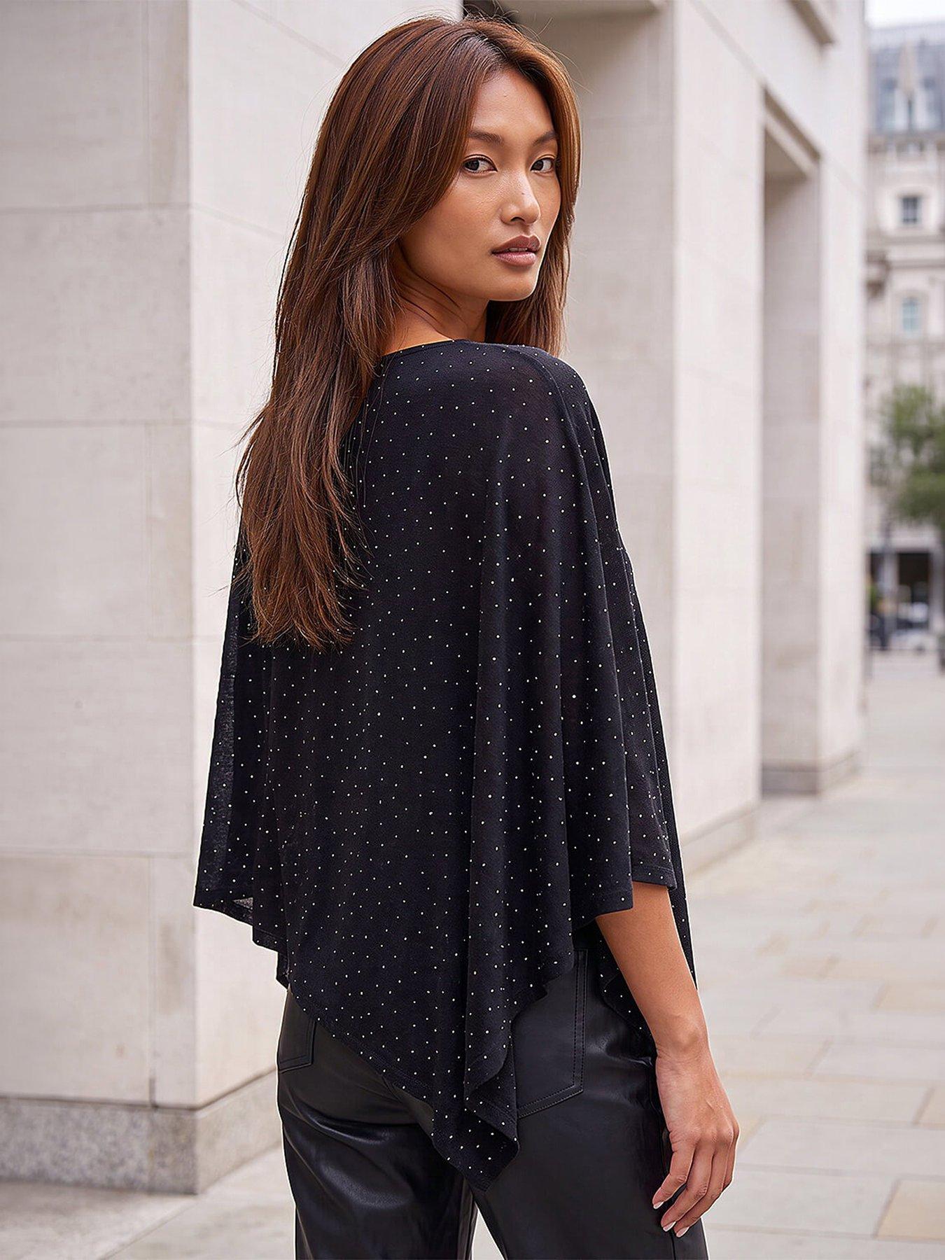 Image 3 of 4 of Roman Womens Stretch Cape Asymmetric Hem Top - Black