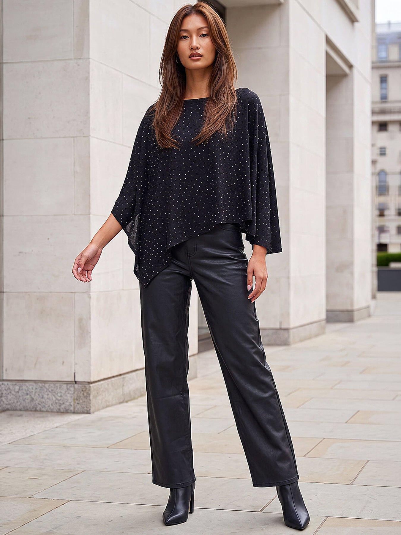 Image 4 of 4 of Roman Womens Stretch Cape Asymmetric Hem Top - Black