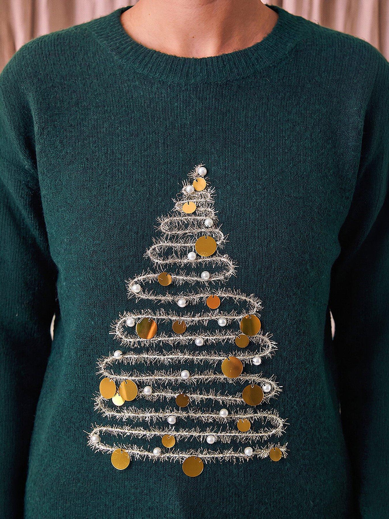 Image 2 of 4 of Roman Womens Sparkle Sequin Xmas Tree Jumper - Green