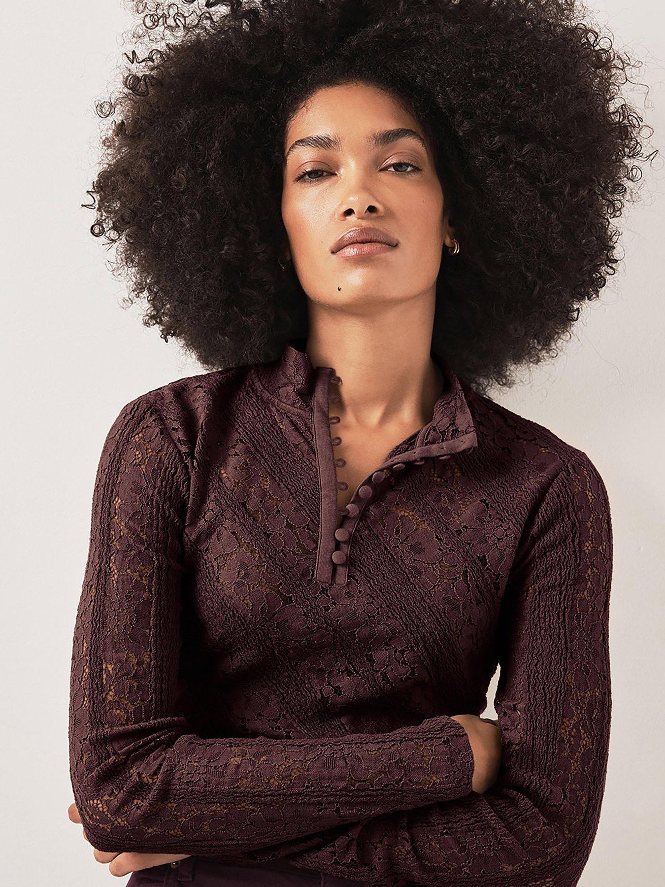 Image 1 of 6 of Mint Velvet Womens Lace Button High Neck Top - Red