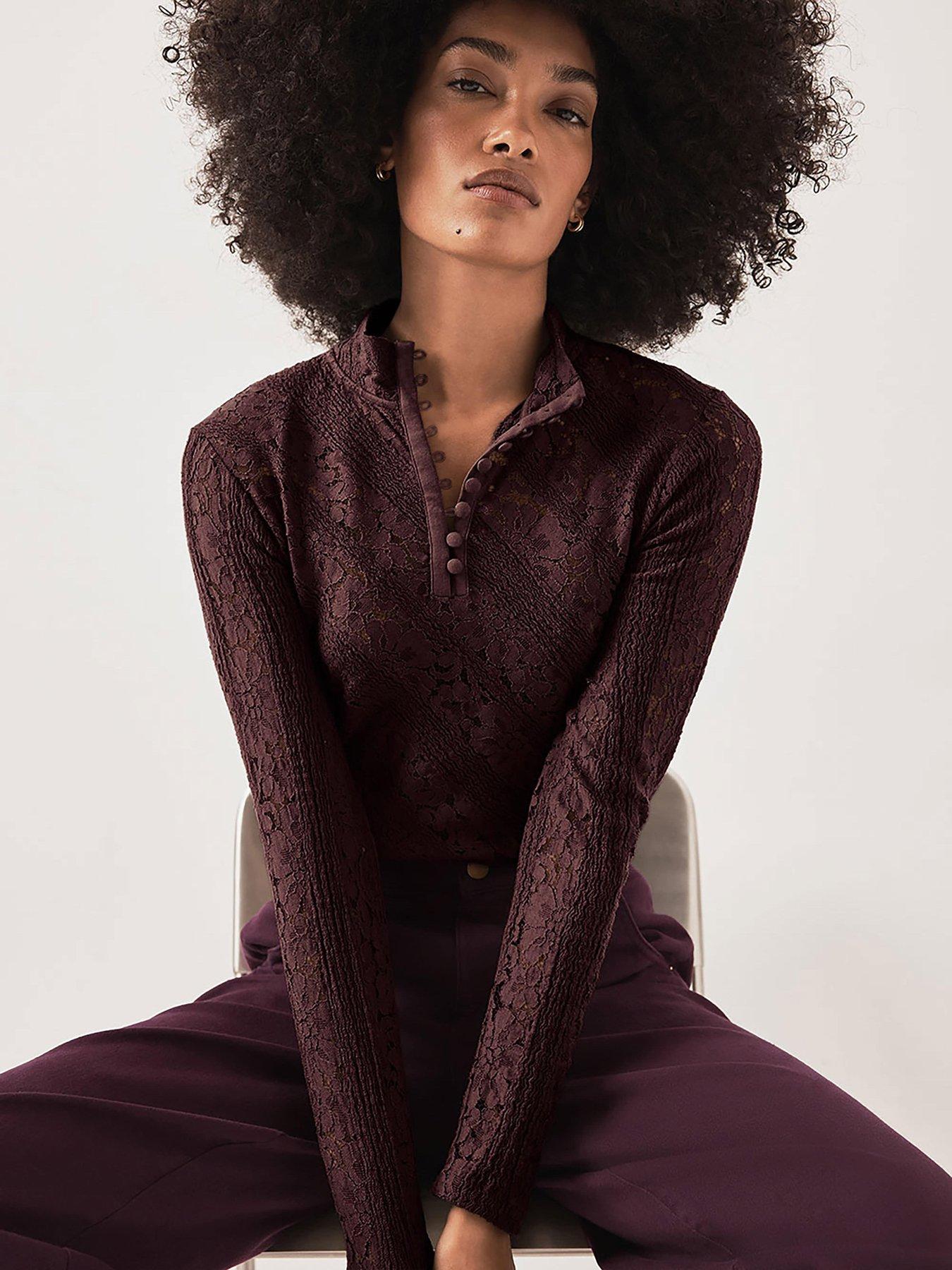 Image 2 of 6 of Mint Velvet Womens Lace Button High Neck Top - Red