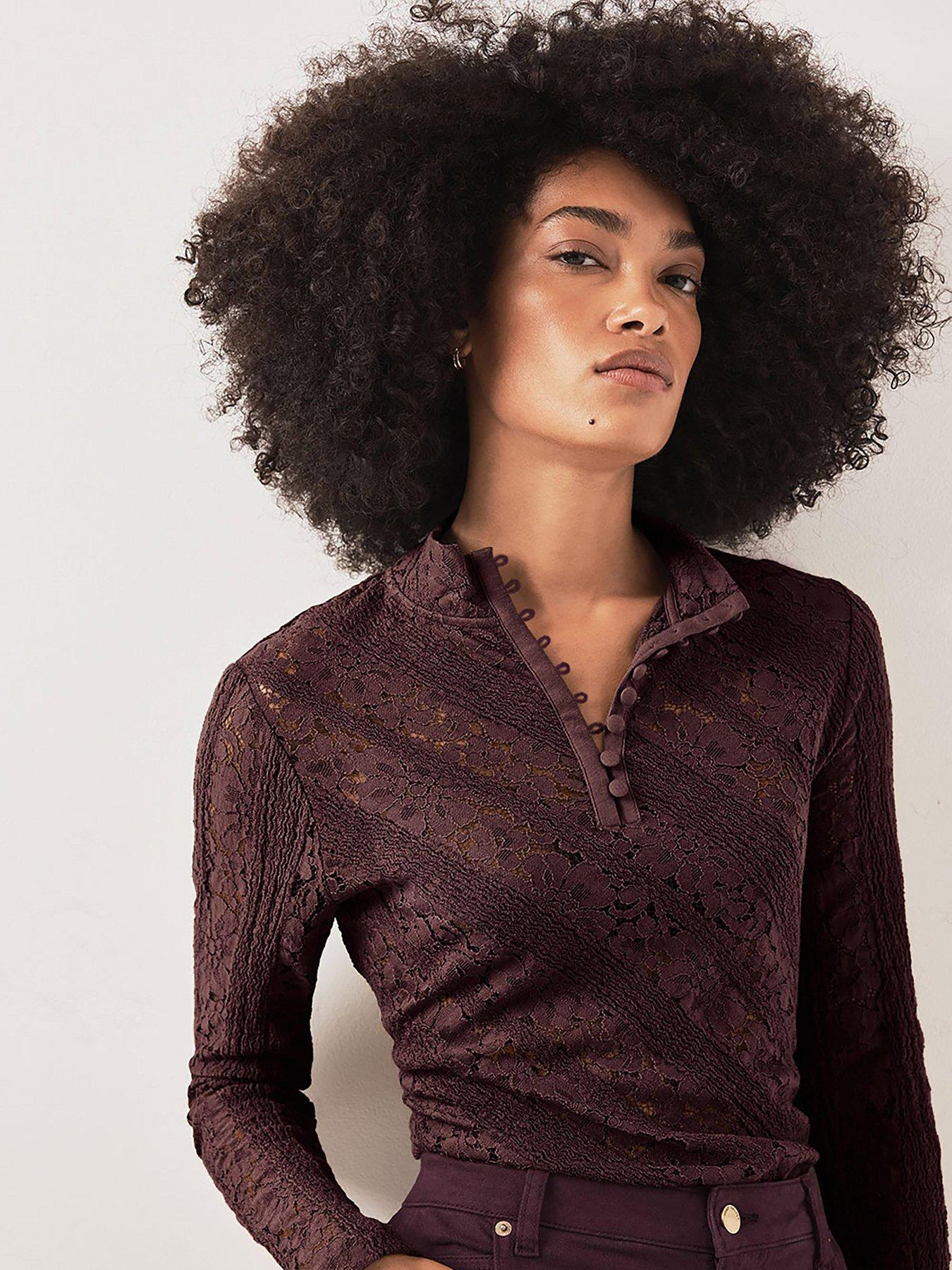 Image 4 of 6 of Mint Velvet Womens Lace Button High Neck Top - Red
