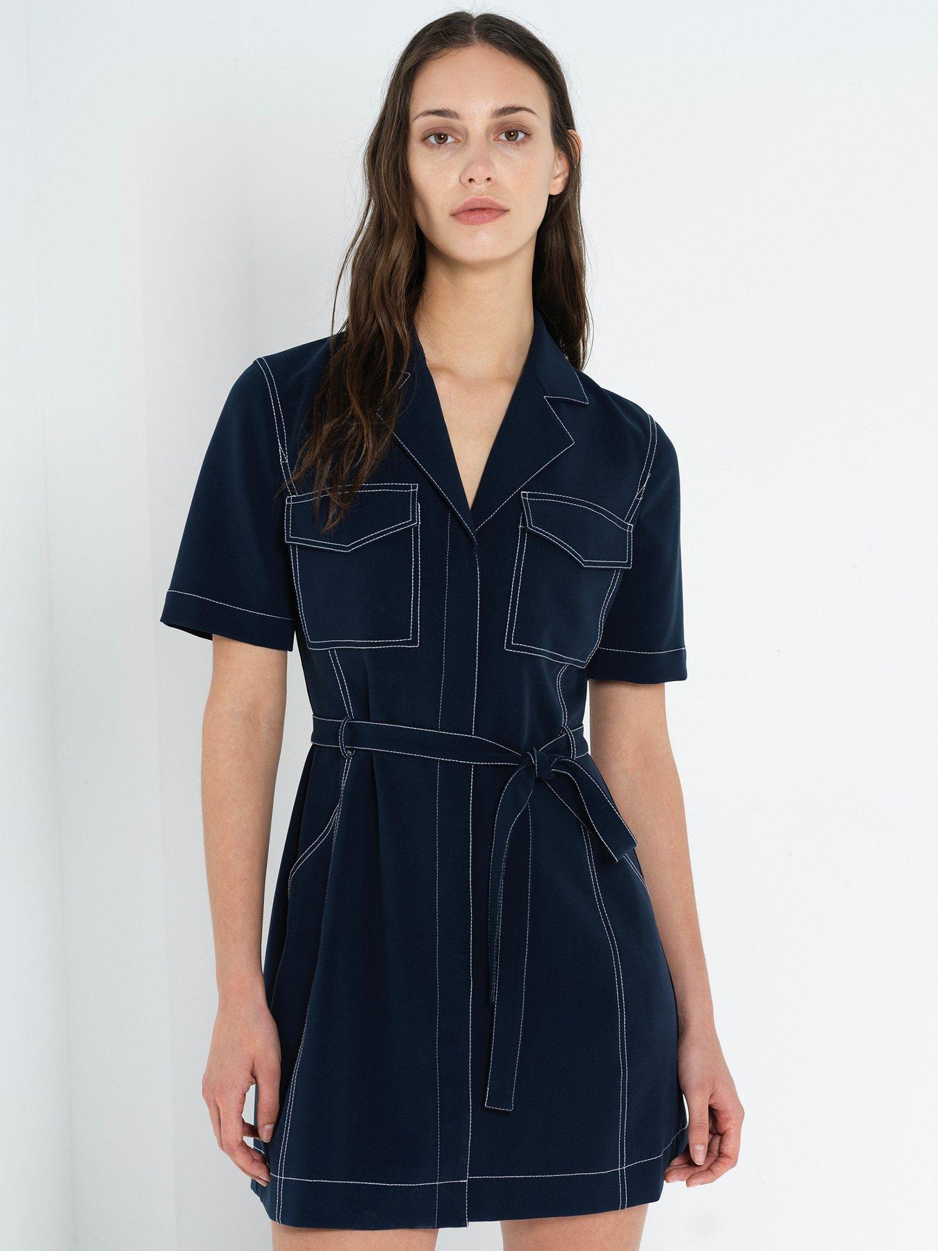 Image 1 of 5 of French Connection Womens Belted Patch Pocket Mini Dress - Navy