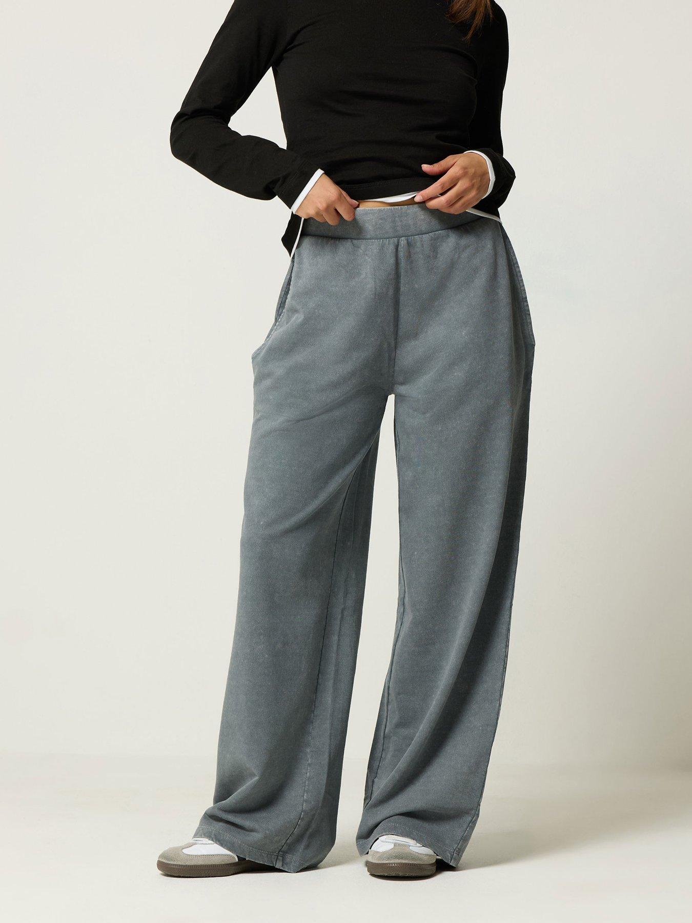 Image 1 of 4 of Yours Womens Petite Acid Wash Wide Leg Joggers - Grey