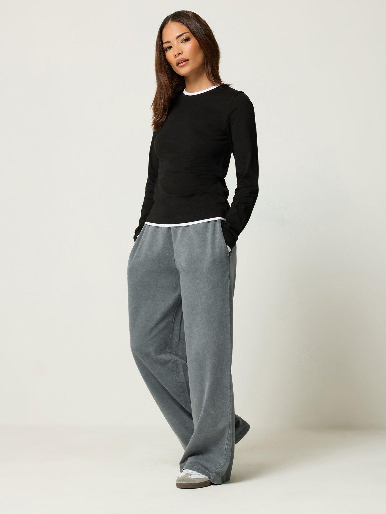 Image 3 of 4 of Yours Womens Petite Acid Wash Wide Leg Joggers - Grey
