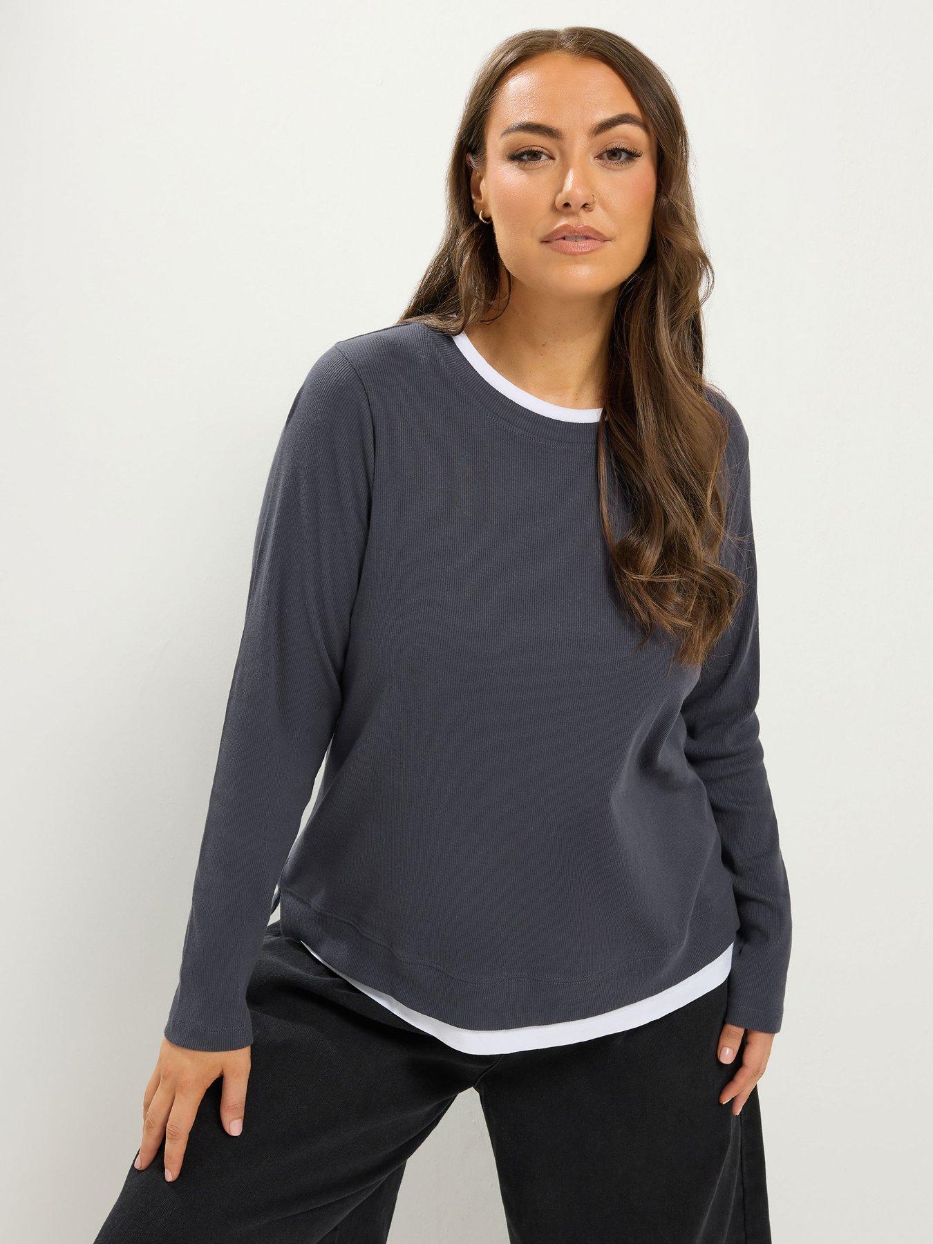 Image 1 of 4 of Yours Womens Curve 2 In 1 Ribbed Long Sleeve T-Shirt - Grey