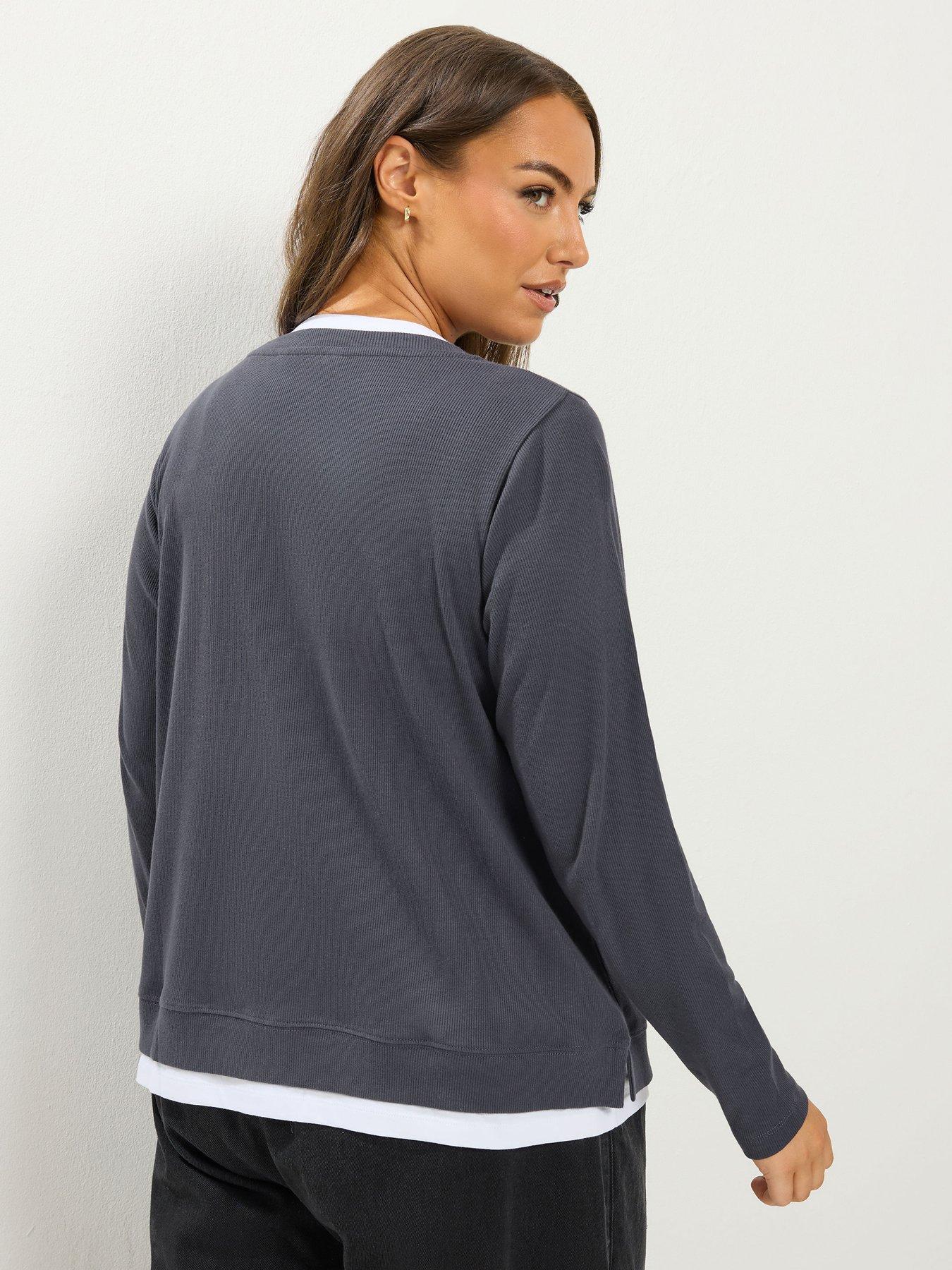 Image 2 of 4 of Yours Womens Curve 2 In 1 Ribbed Long Sleeve T-Shirt - Grey