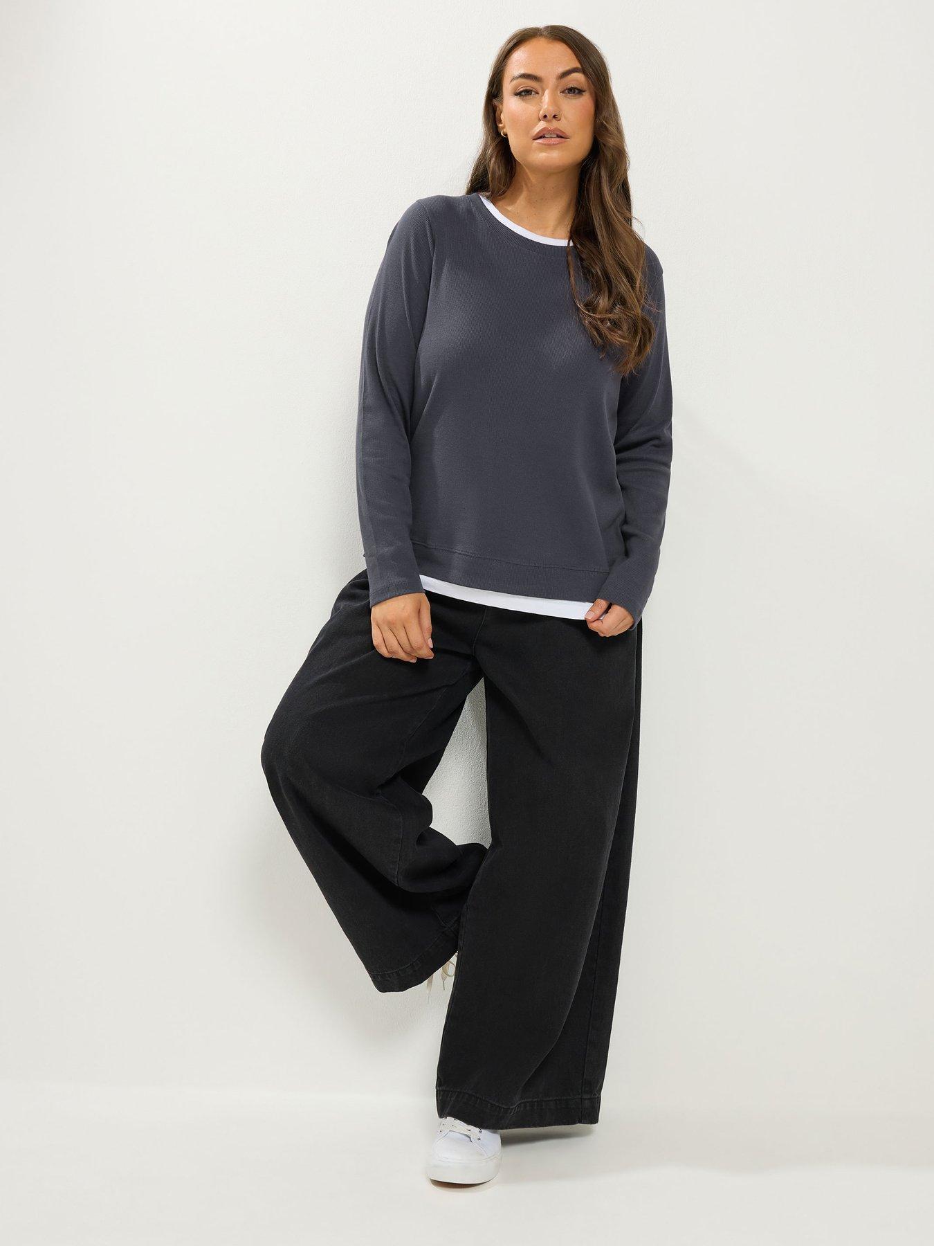 Image 3 of 4 of Yours Womens Curve 2 In 1 Ribbed Long Sleeve T-Shirt - Grey