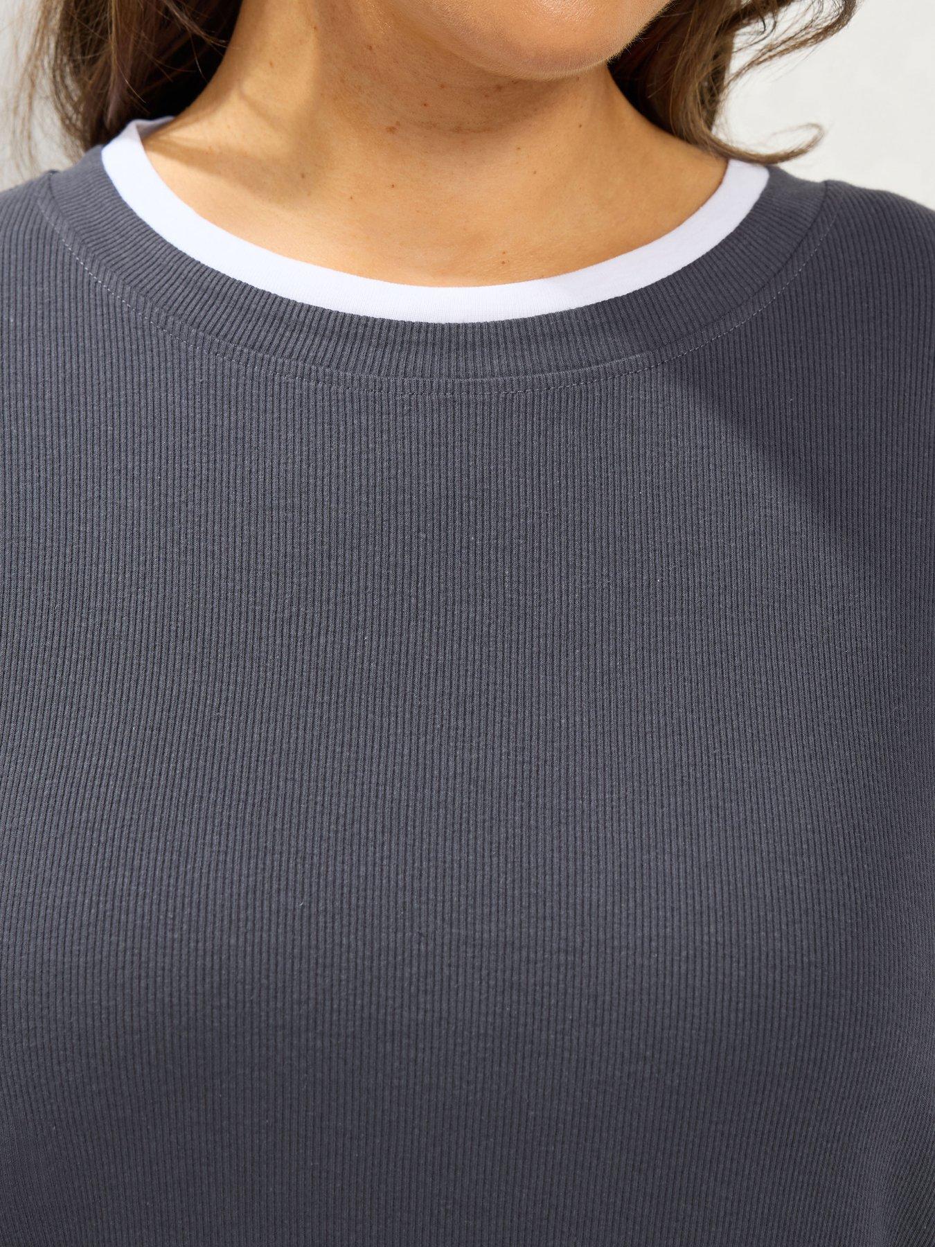 Image 4 of 4 of Yours Womens Curve 2 In 1 Ribbed Long Sleeve T-Shirt - Grey