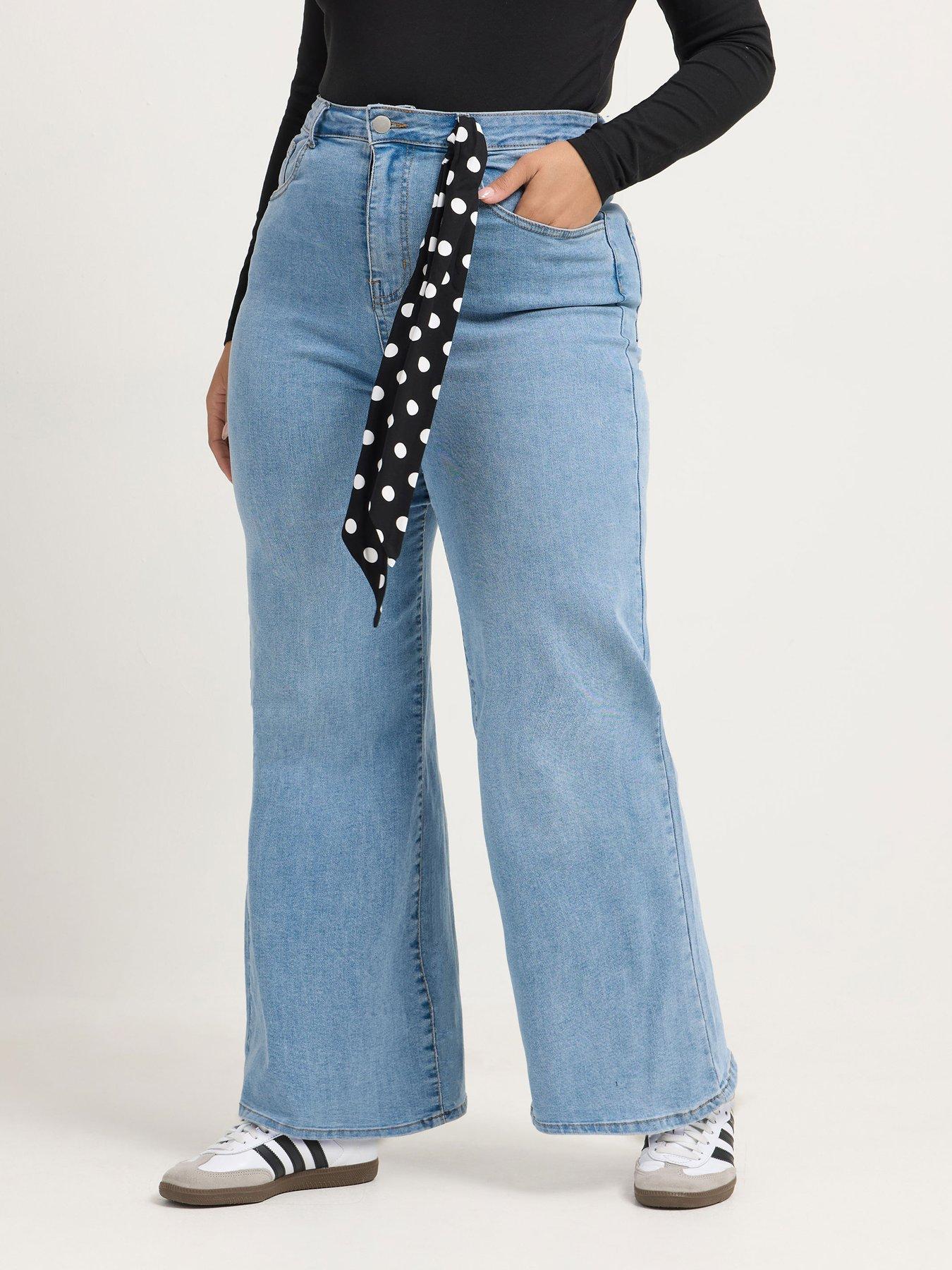Image 1 of 4 of Yours Womens Curve Polka Dot Scarf Tie Wide Leg Jeans - Blue