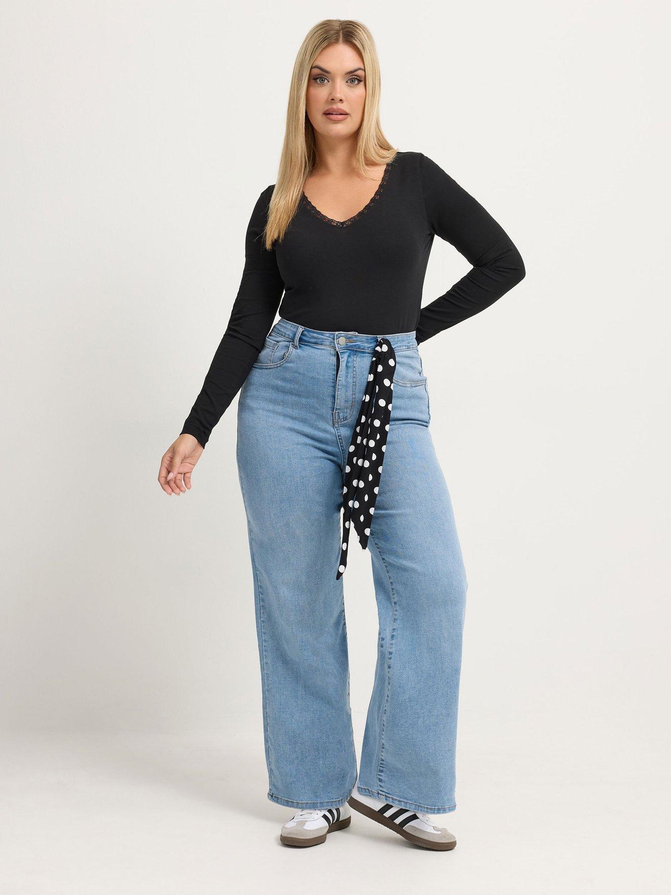 Image 3 of 4 of Yours Womens Curve Polka Dot Scarf Tie Wide Leg Jeans - Blue