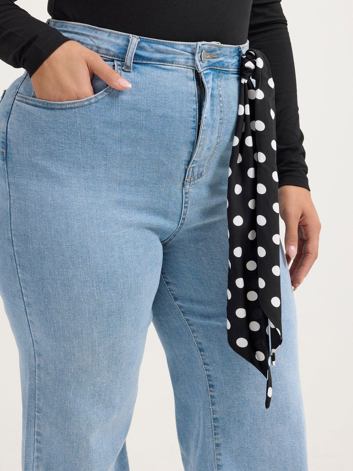 Image 4 of 4 of Yours Womens Curve Polka Dot Scarf Tie Wide Leg Jeans - Blue