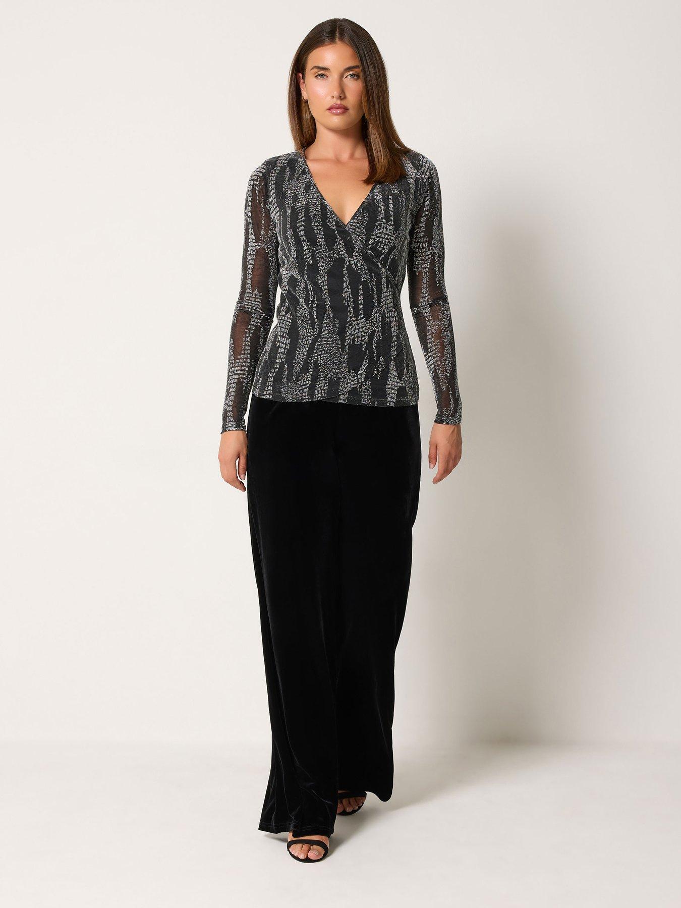 Image 3 of 4 of Long Tall Sally Womens Tall Metallic Wrap Mesh Sleeve Top - Black