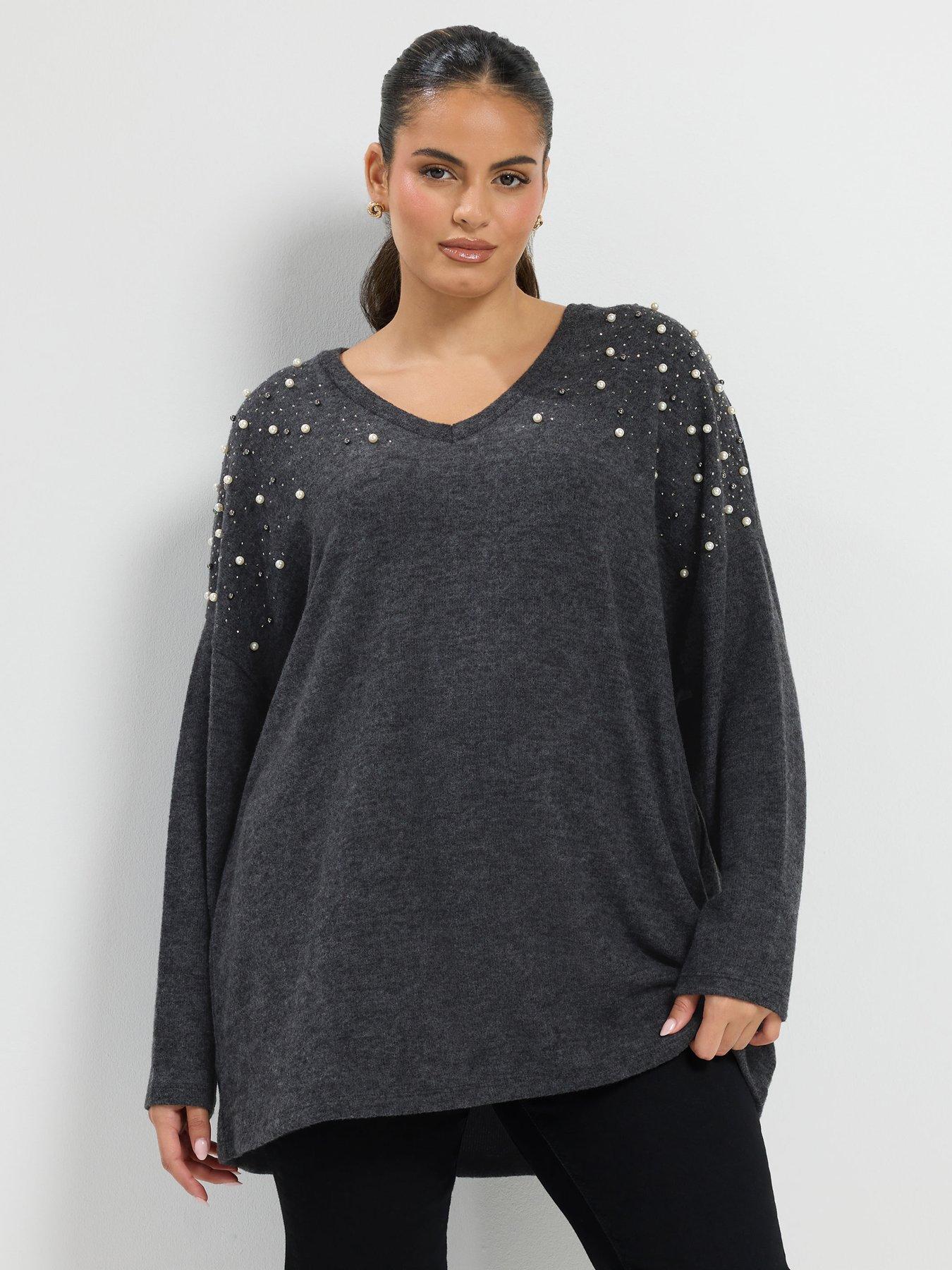 Yours Womens Curve Pearl Detail Soft Touch Jumper - Grey | Littlewoods