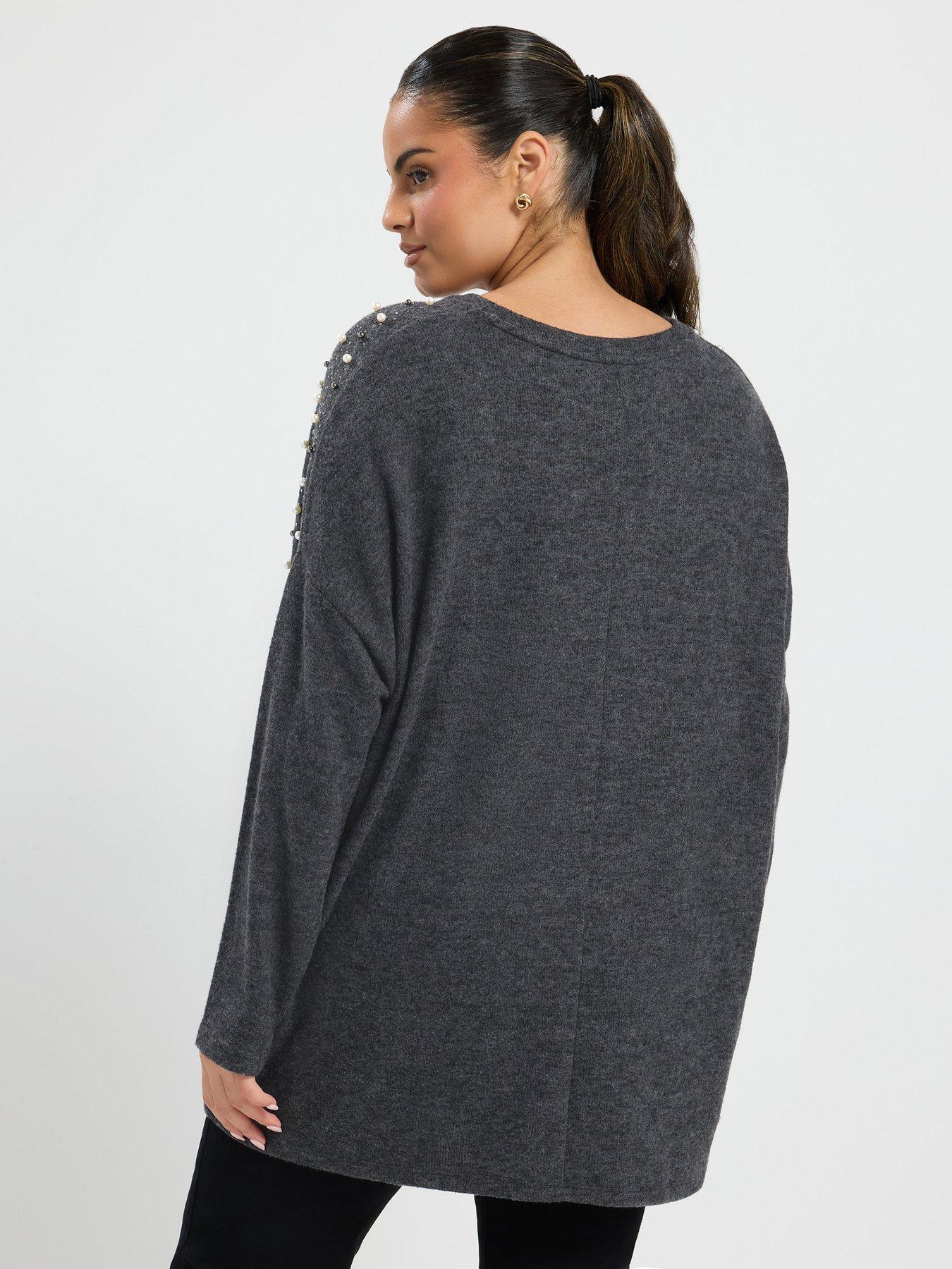 Yours Womens Curve Pearl Detail Soft Touch Jumper - Grey | Littlewoods