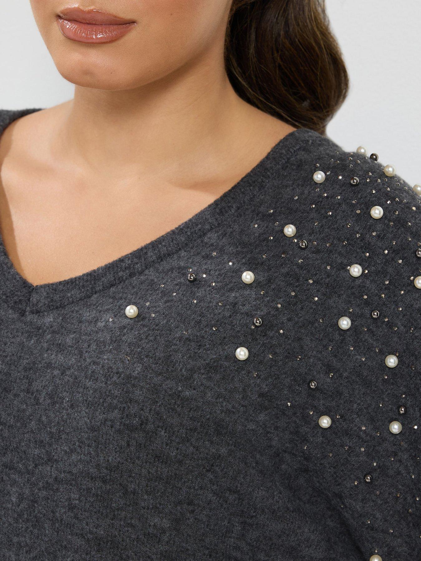 Yours Womens Curve Pearl Detail Soft Touch Jumper - Grey | Littlewoods