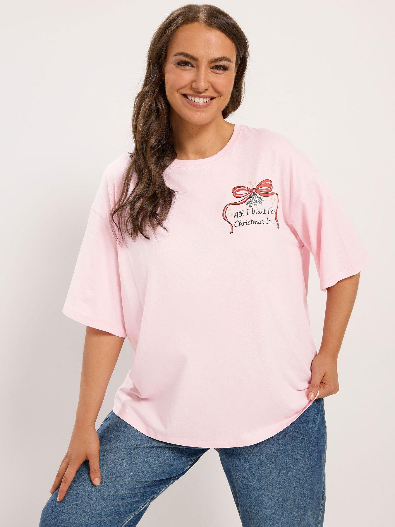 Image 1 of 4 of Yours Womens Curve Christmas List Relaxed Slogan T-Shirt - Pink