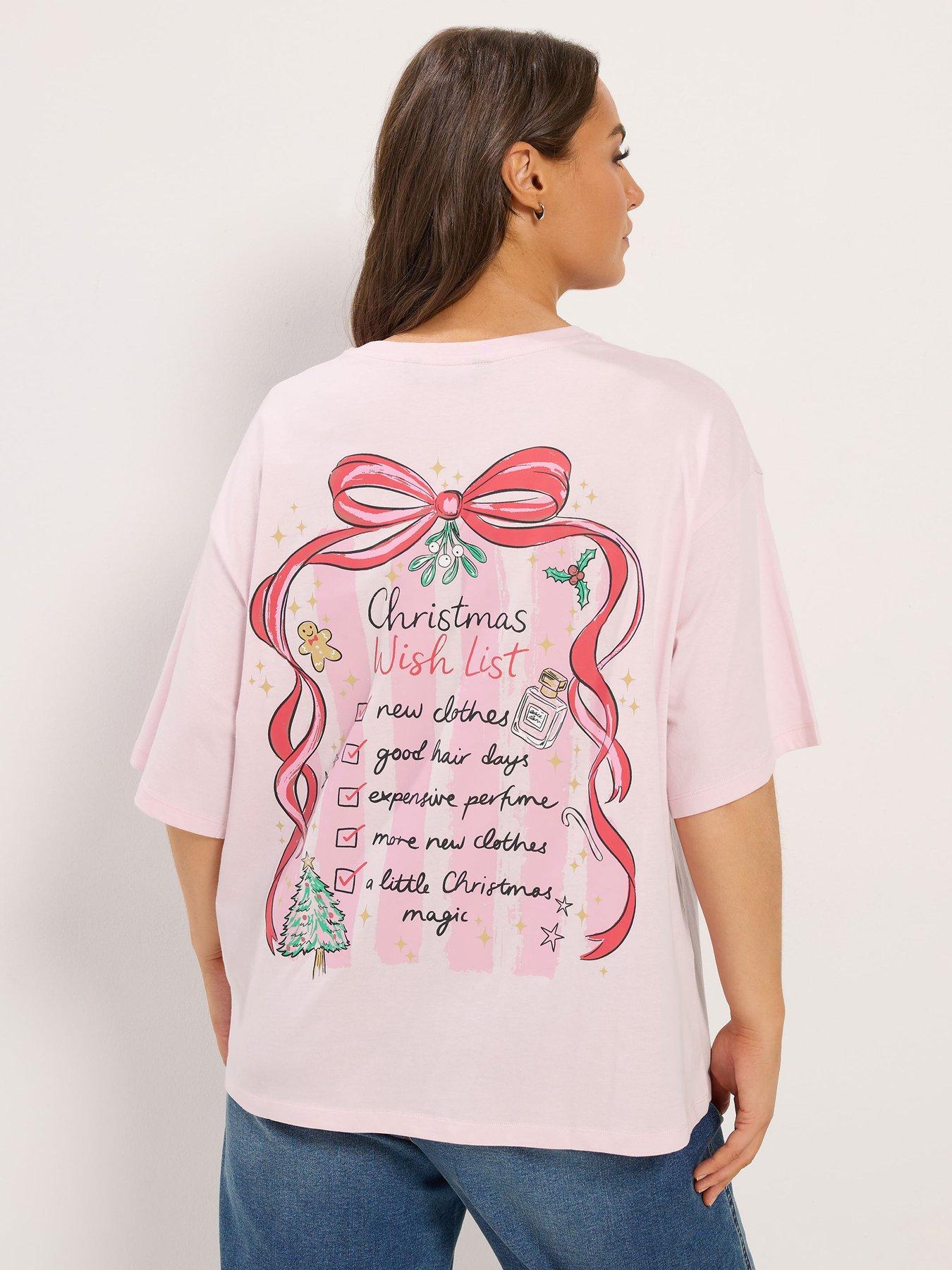 Image 2 of 4 of Yours Womens Curve Christmas List Relaxed Slogan T-Shirt - Pink