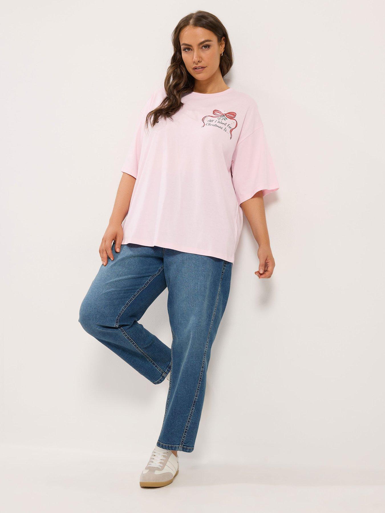 Image 3 of 4 of Yours Womens Curve Christmas List Relaxed Slogan T-Shirt - Pink