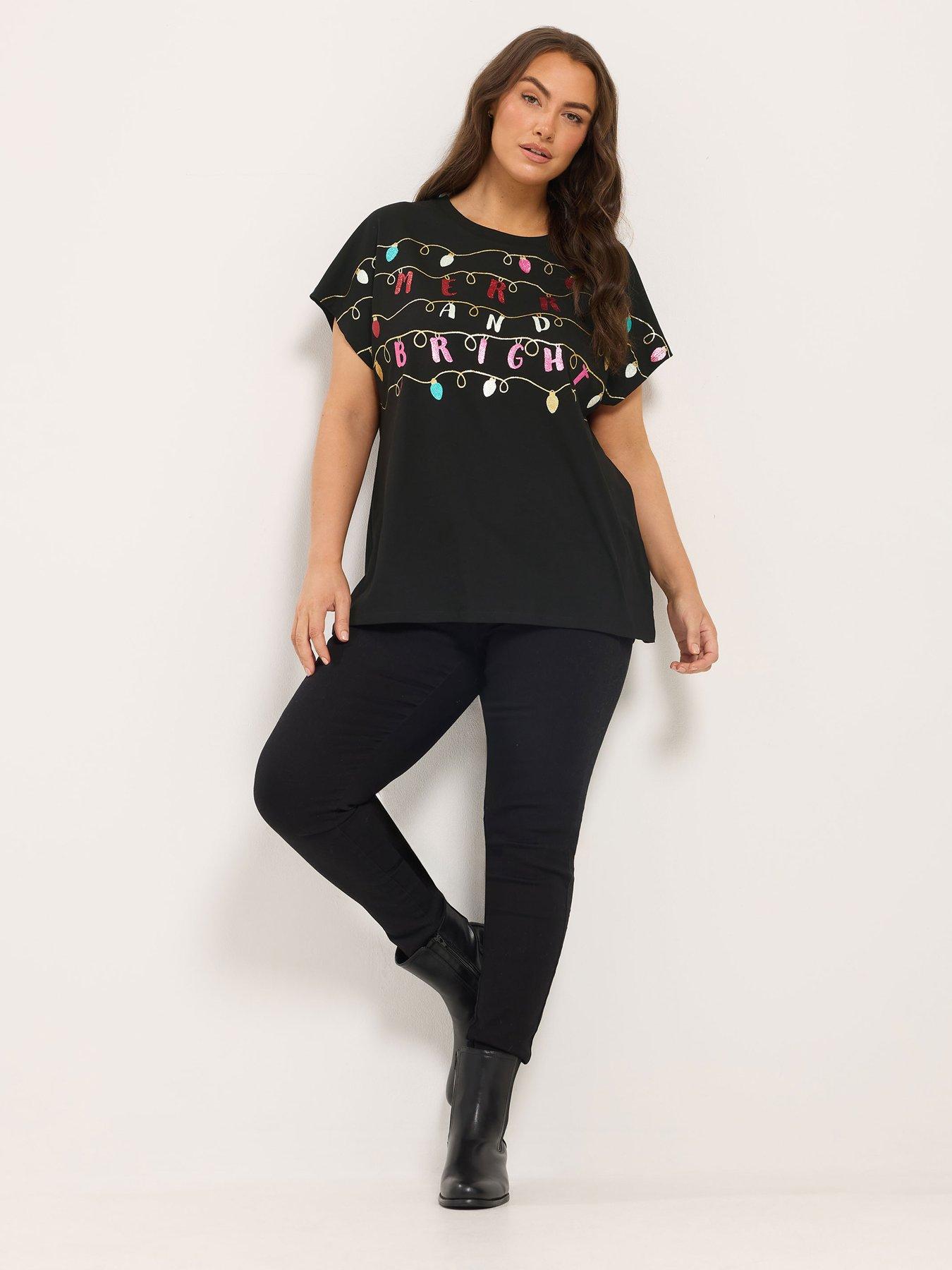 Image 3 of 4 of Yours Womens Curve Christmas Merry &amp; Bright Novelty T-Shirt - Black