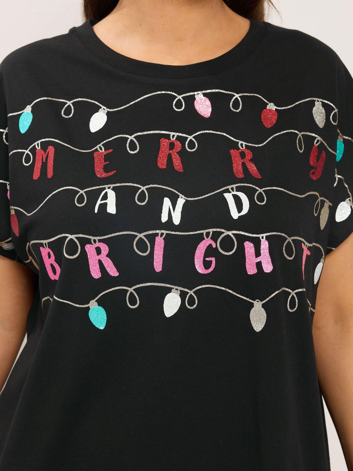 Image 4 of 4 of Yours Womens Curve Christmas Merry &amp; Bright Novelty T-Shirt - Black