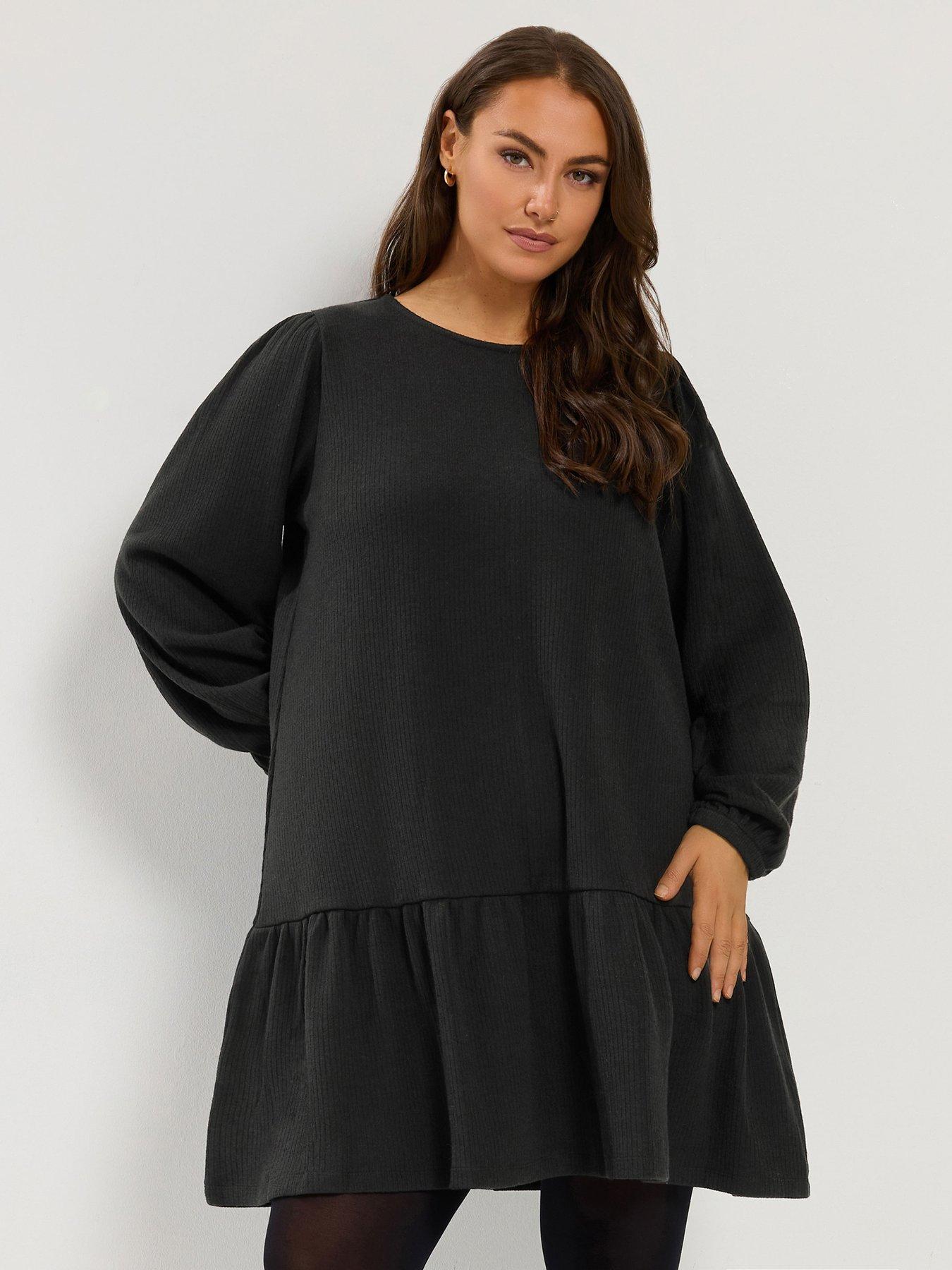 Image 1 of 4 of Yours Womens Curve Drop Waist Tiered Hem Midi Dress - Black