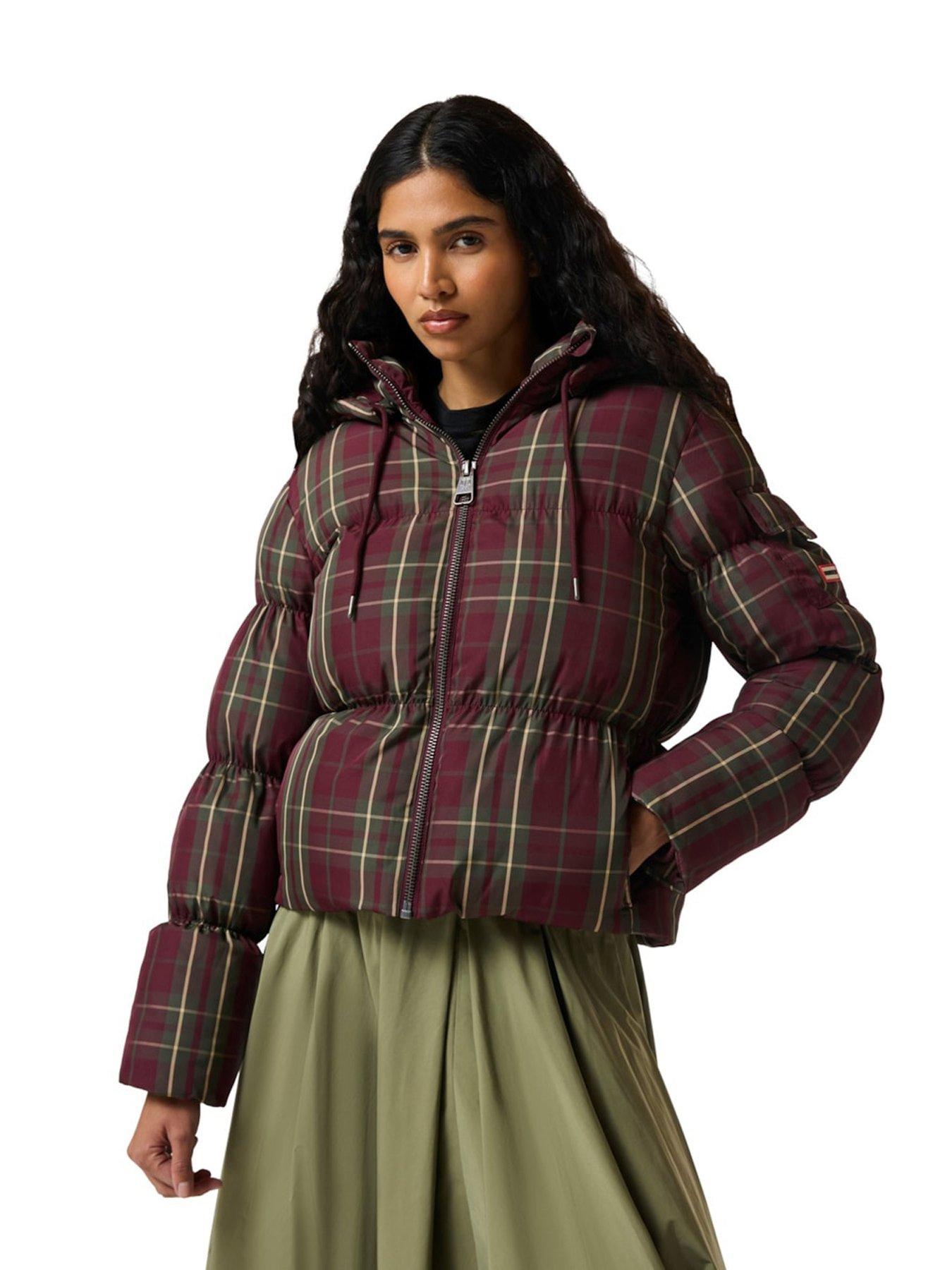 Image 1 of 4 of Hunter Womens Original Short Check Water-resistant Hooded Padded Jacket - Red Multi