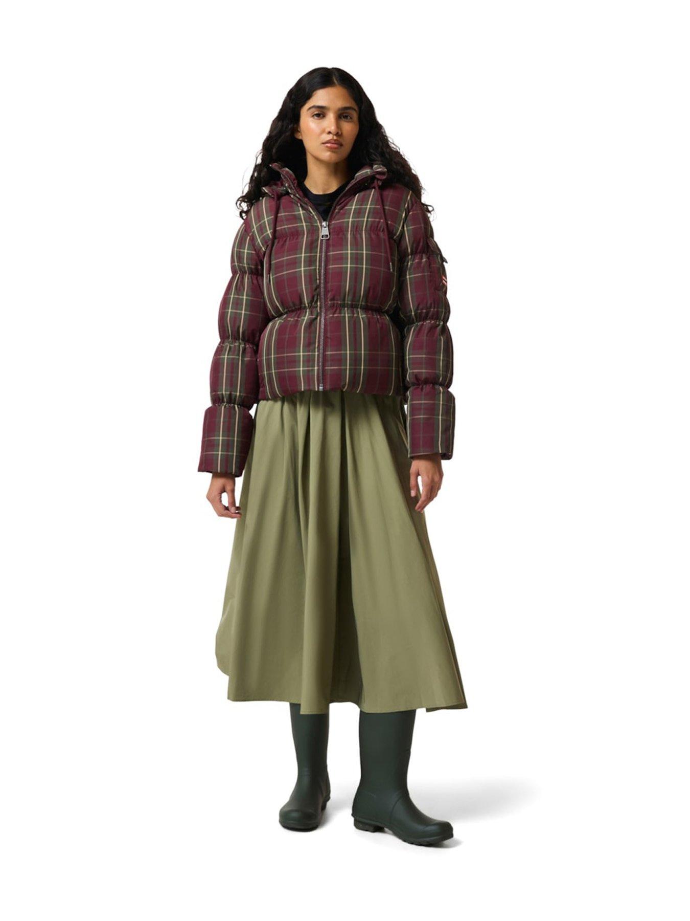 Image 3 of 4 of Hunter Womens Original Short Check Water-resistant Hooded Padded Jacket - Red Multi