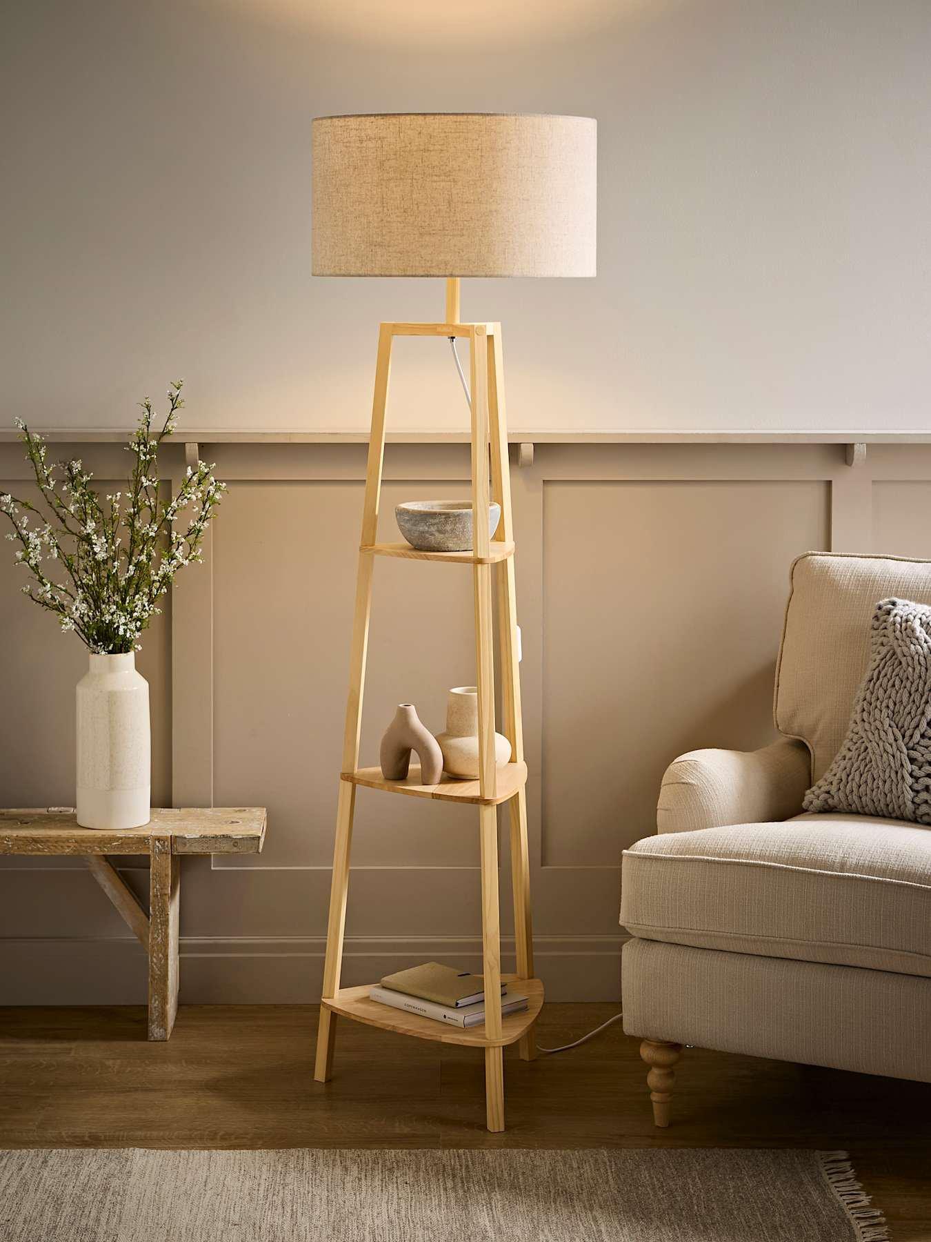 Image 1 of 5 of ValueLights Hiru Natural Wood 3 Tier Shelf Wooden Floor Lamp With Linen Drum Shade With Bulb