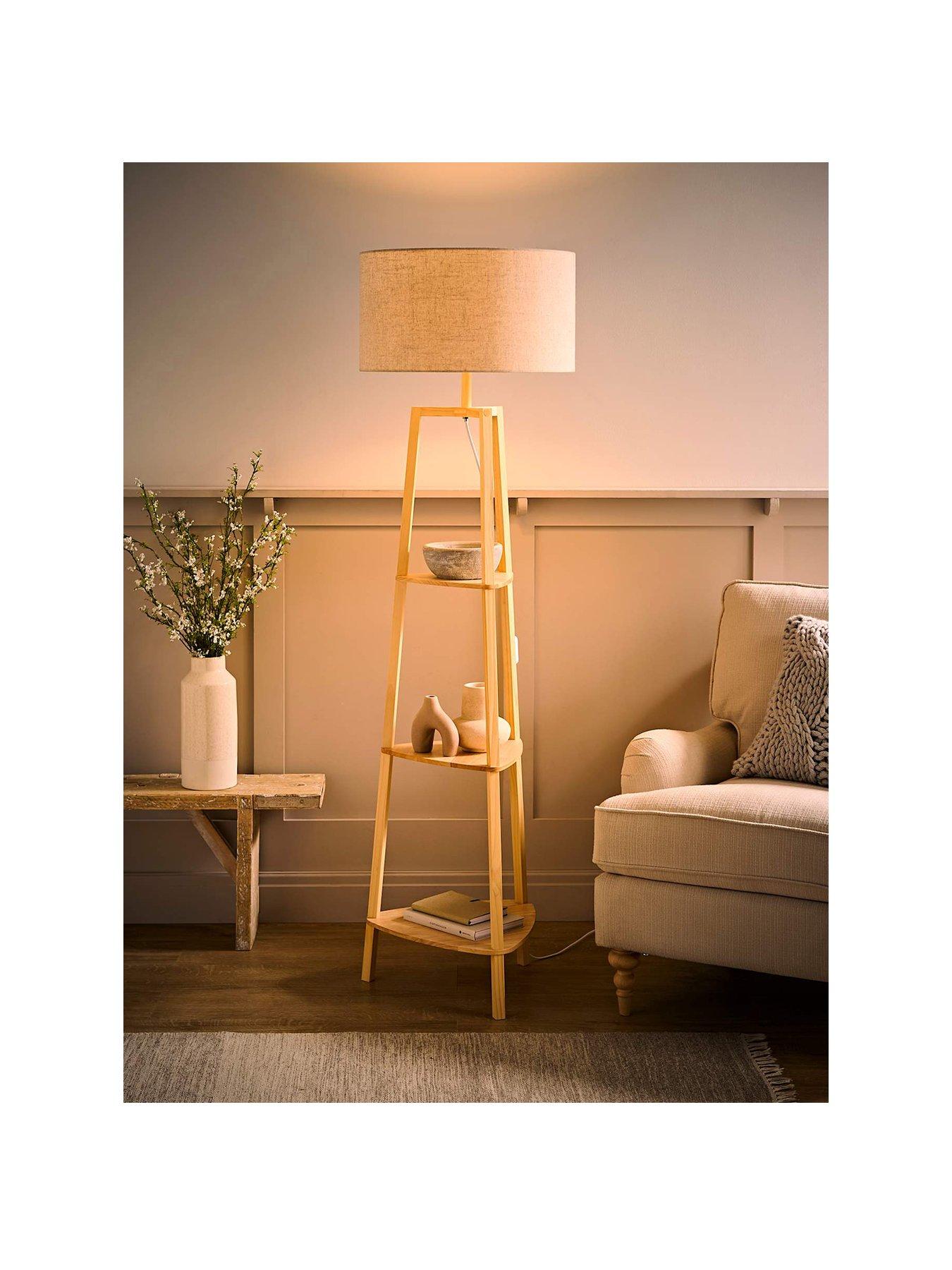 Image 2 of 5 of ValueLights Hiru Natural Wood 3 Tier Shelf Wooden Floor Lamp With Linen Drum Shade With Bulb