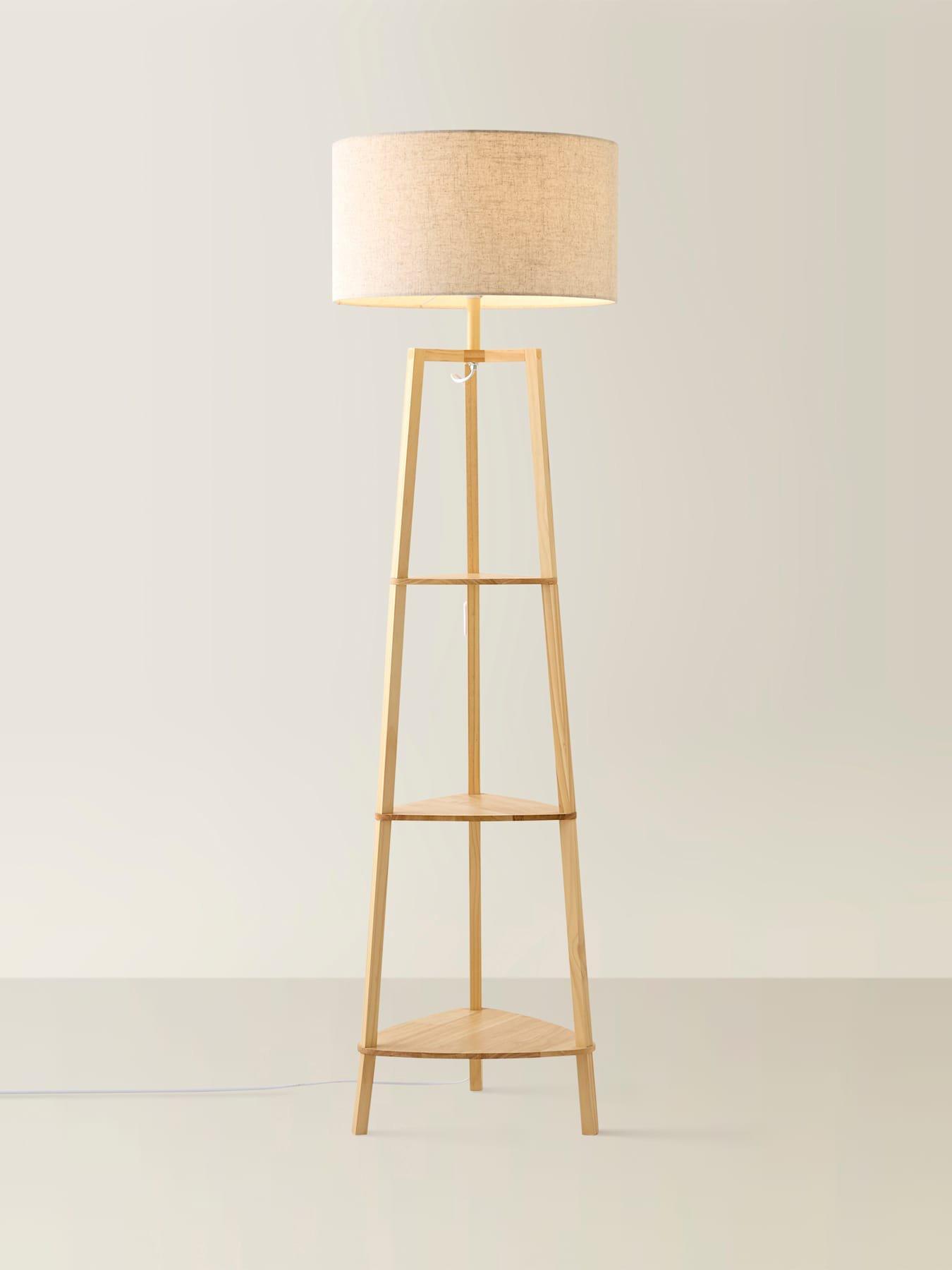 Image 3 of 5 of ValueLights Hiru Natural Wood 3 Tier Shelf Wooden Floor Lamp With Linen Drum Shade With Bulb