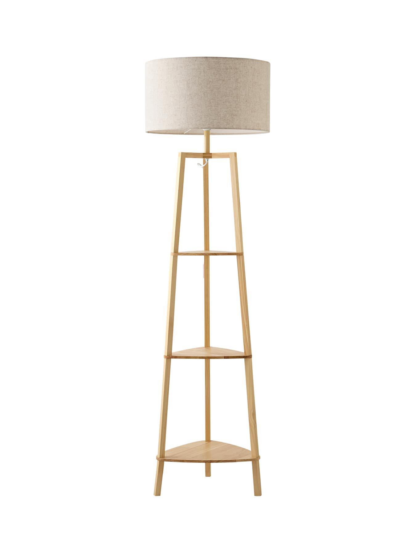 Image 5 of 5 of ValueLights Hiru Natural Wood 3 Tier Shelf Wooden Floor Lamp With Linen Drum Shade With Bulb