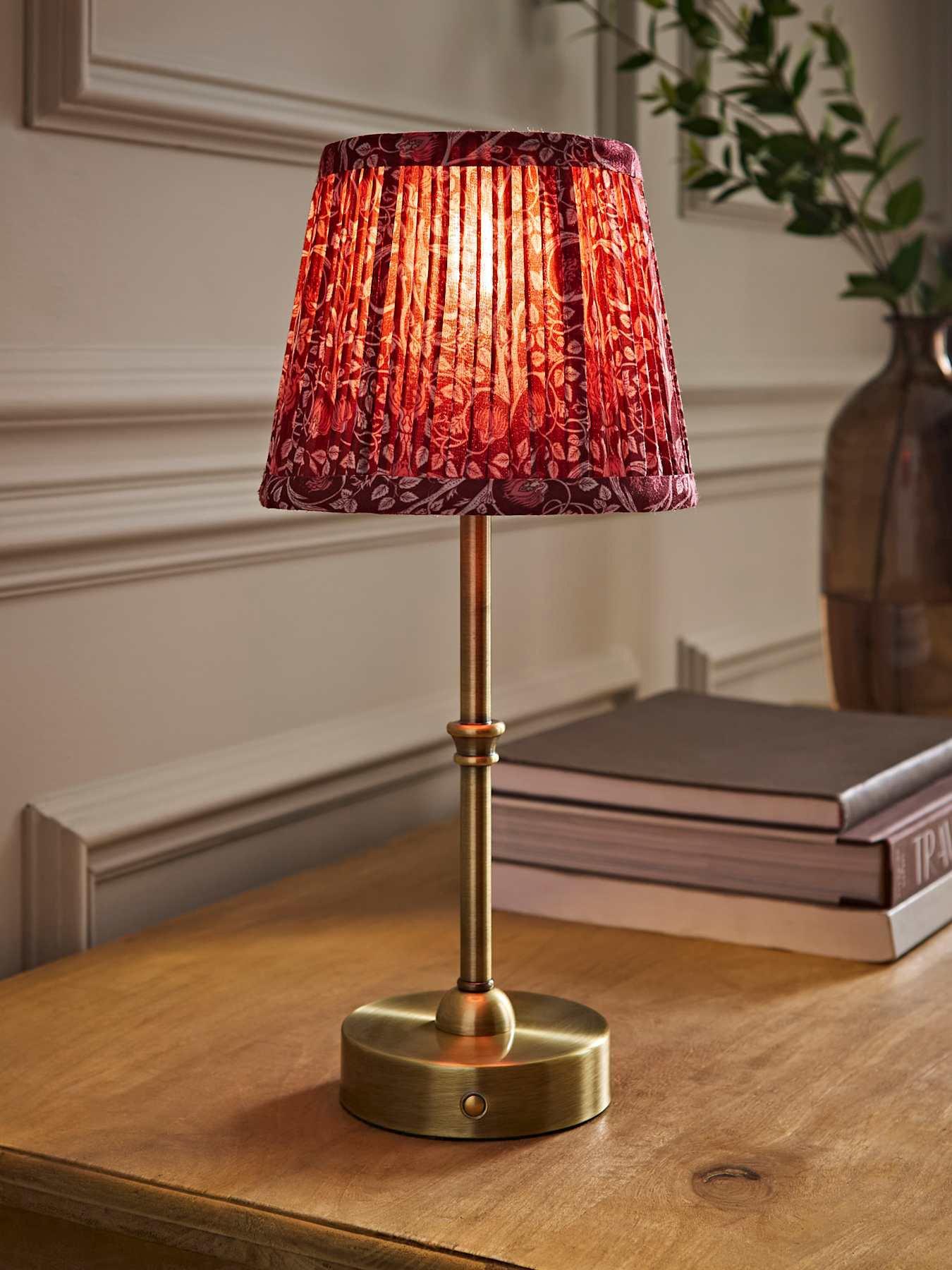 Image 1 of 6 of ValueLights Lowe Brushed Gold Rechargeable Table Light Base With Burgandy Floral Pleated Shade