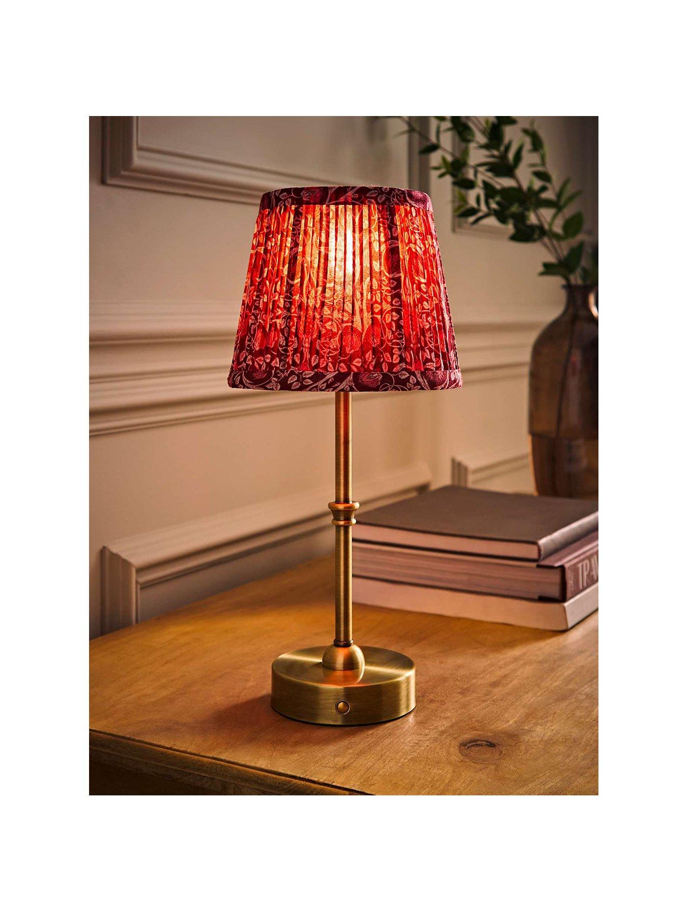 Image 2 of 6 of ValueLights Lowe Brushed Gold Rechargeable Table Light Base With Burgandy Floral Pleated Shade