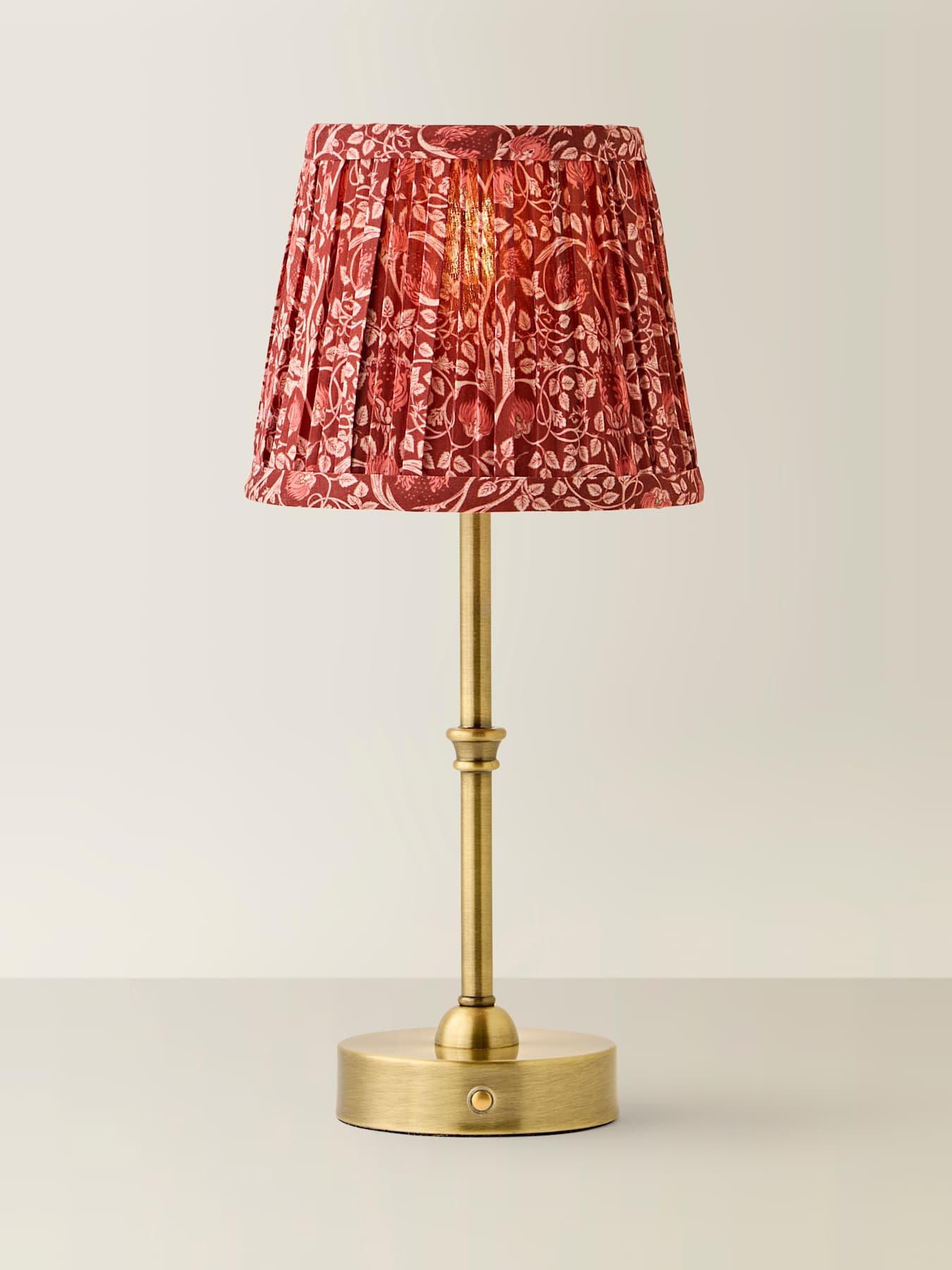 Image 3 of 6 of ValueLights Lowe Brushed Gold Rechargeable Table Light Base With Burgandy Floral Pleated Shade