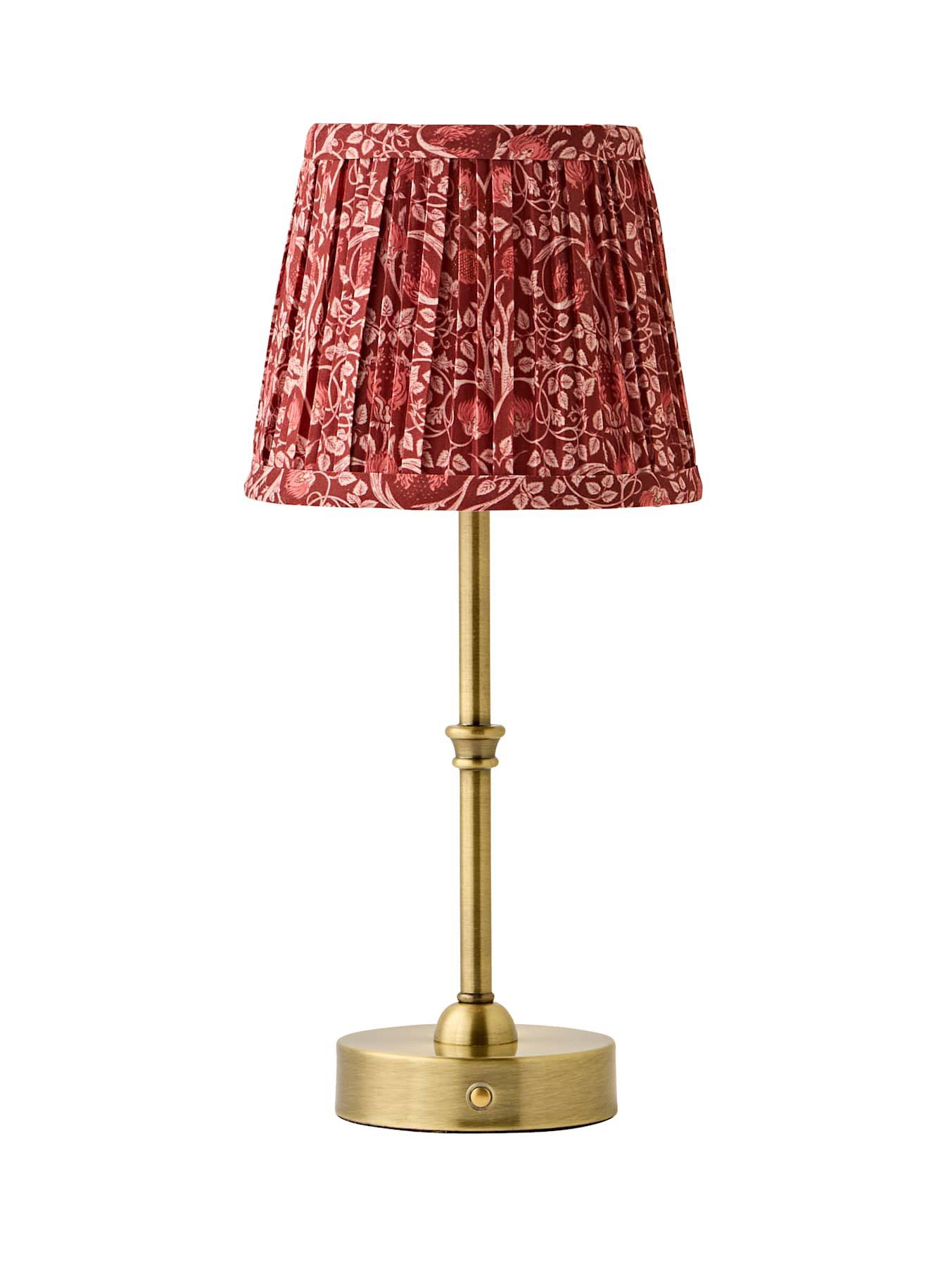 Image 6 of 6 of ValueLights Lowe Brushed Gold Rechargeable Table Light Base With Burgandy Floral Pleated Shade