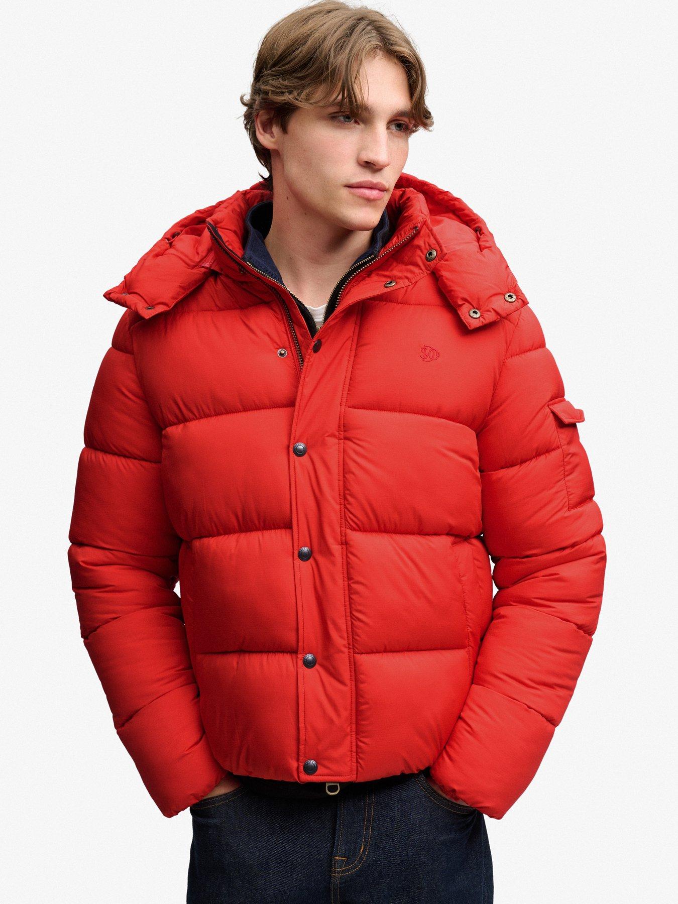 Image 1 of 7 of Superdry Mens Premium Ripstop Relaxed Fit Detachable Hood Puffer Jacket - Red