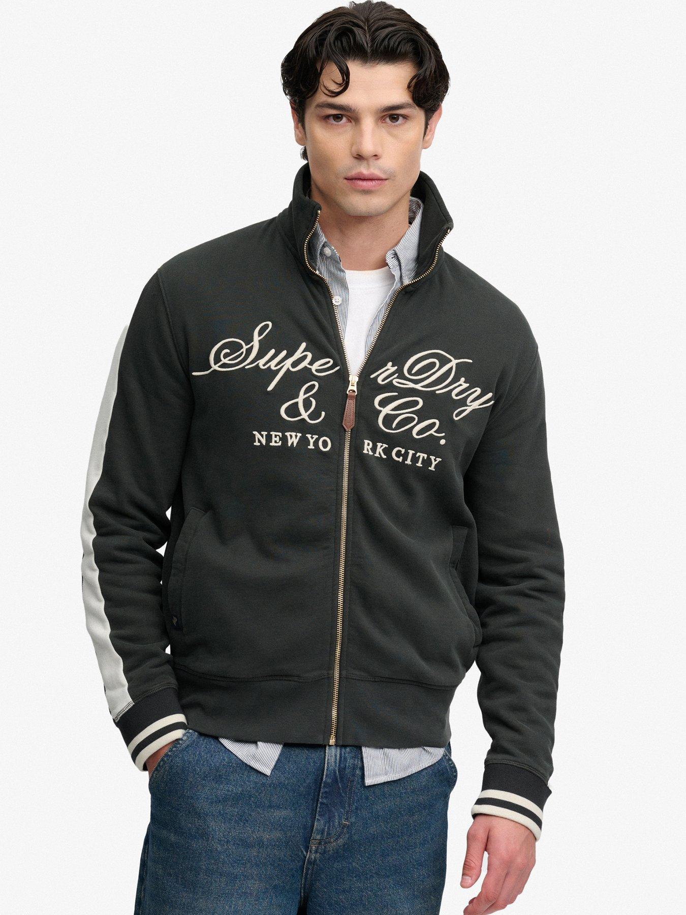 Image 1 of 6 of Superdry Mens Company Logo Script Zip-Through Track Top - Black