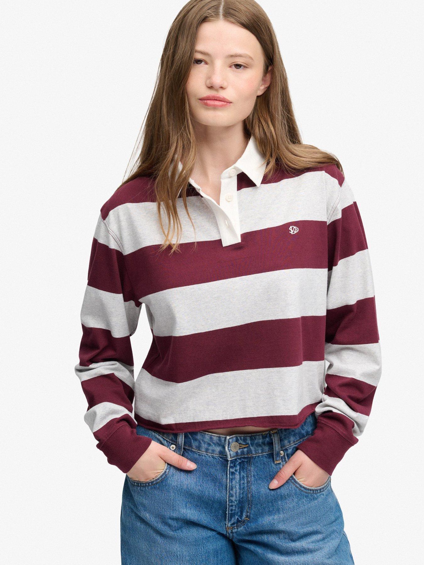 Image 1 of 7 of Superdry Womens Cropped Stripe Rugby Long Sleeve Polo Shirt - Grey