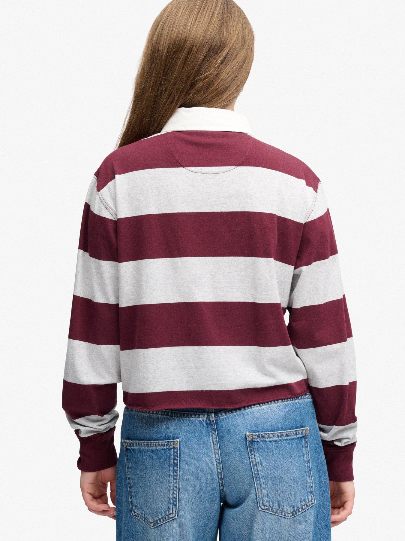 Image 2 of 7 of Superdry Womens Cropped Stripe Rugby Long Sleeve Polo Shirt - Grey