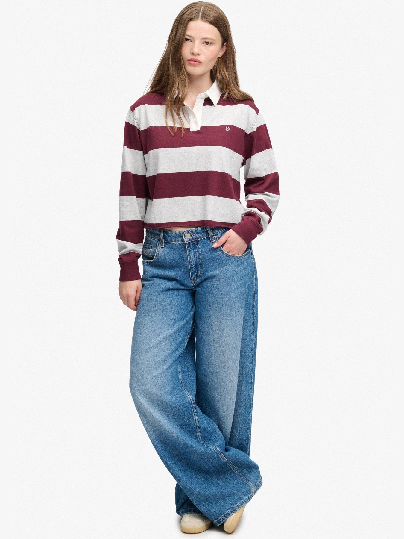 Image 3 of 7 of Superdry Womens Cropped Stripe Rugby Long Sleeve Polo Shirt - Grey
