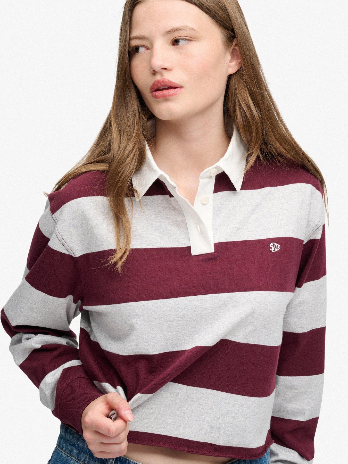 Image 4 of 7 of Superdry Womens Cropped Stripe Rugby Long Sleeve Polo Shirt - Grey