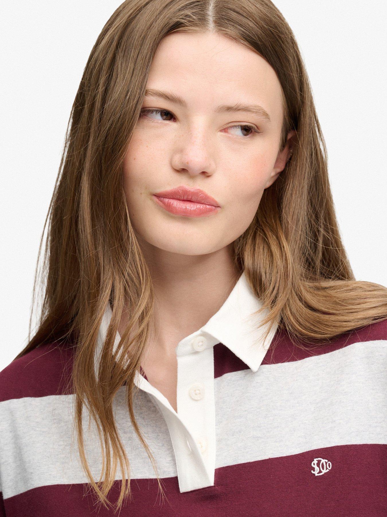 Image 5 of 7 of Superdry Womens Cropped Stripe Rugby Long Sleeve Polo Shirt - Grey