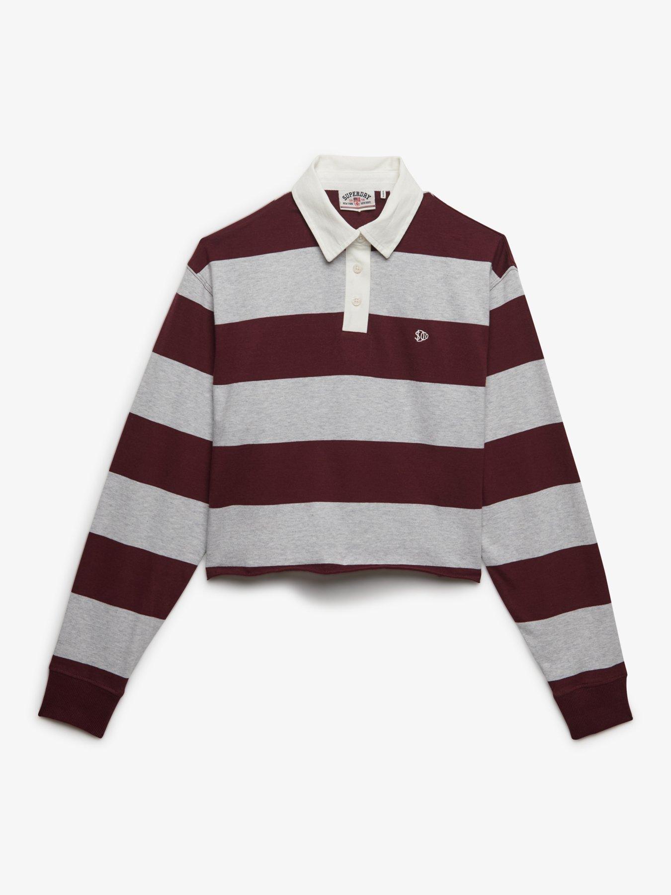 Image 7 of 7 of Superdry Womens Cropped Stripe Rugby Long Sleeve Polo Shirt - Grey