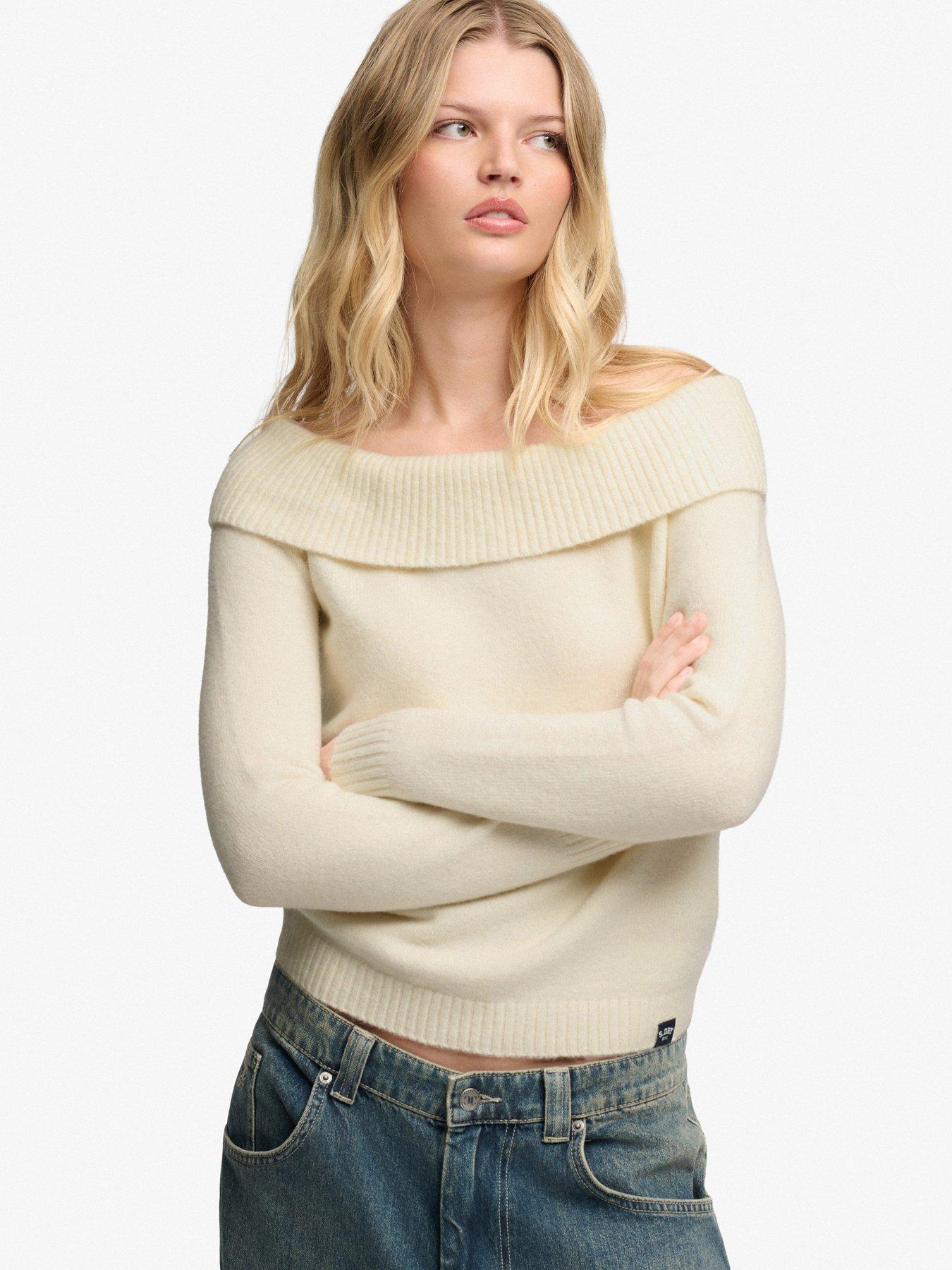 Image 1 of 6 of Superdry Womens Bardot Ribbed Collar Stretch Jumper - Off White