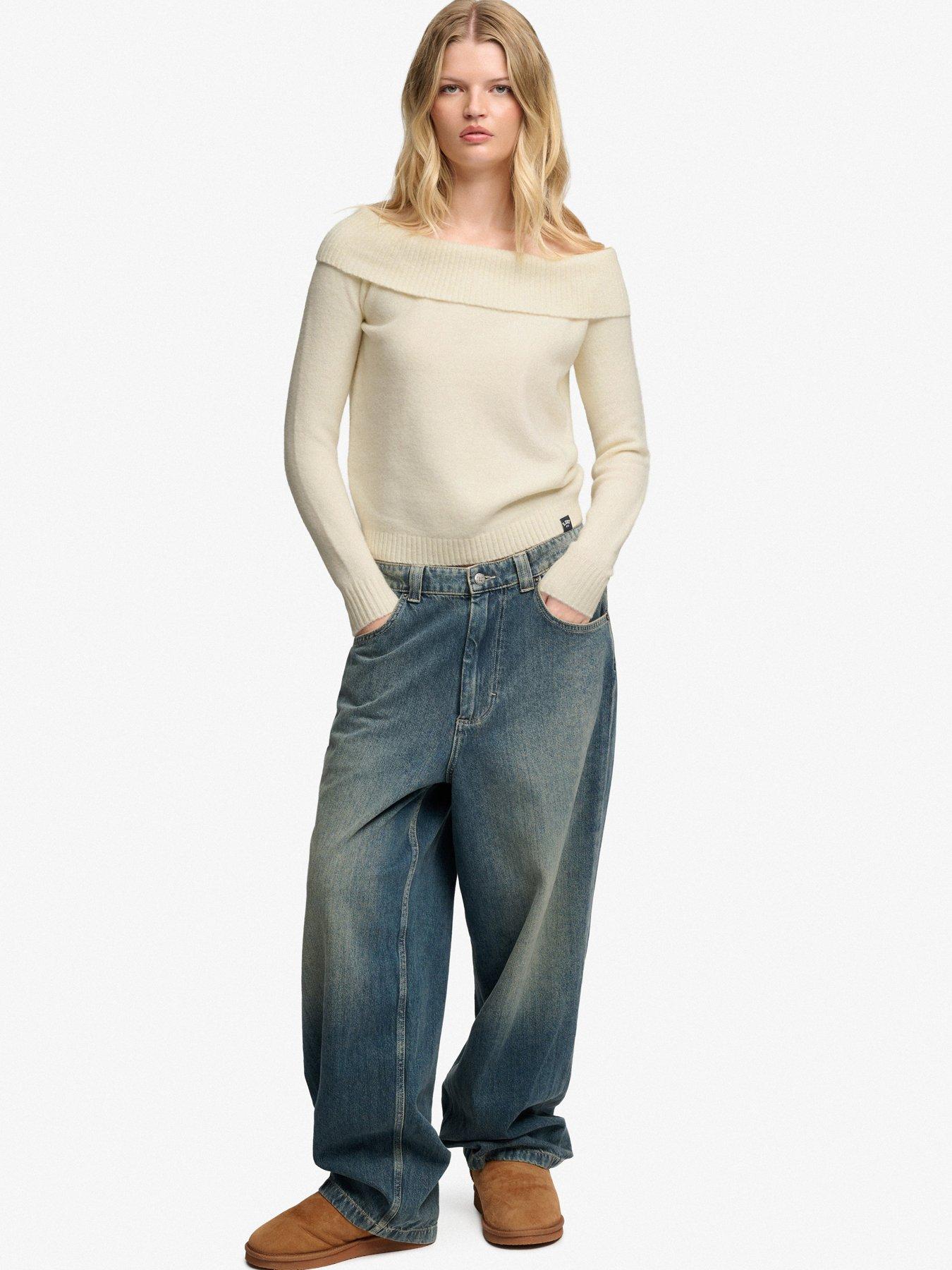 Image 3 of 6 of Superdry Womens Bardot Ribbed Collar Stretch Jumper - Off White