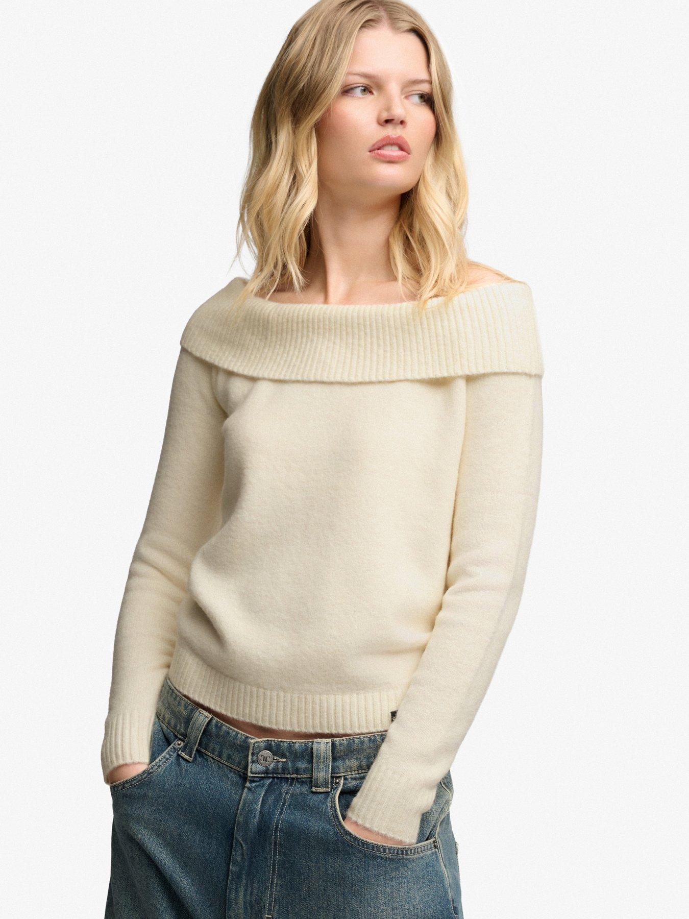 Image 4 of 6 of Superdry Womens Bardot Ribbed Collar Stretch Jumper - Off White