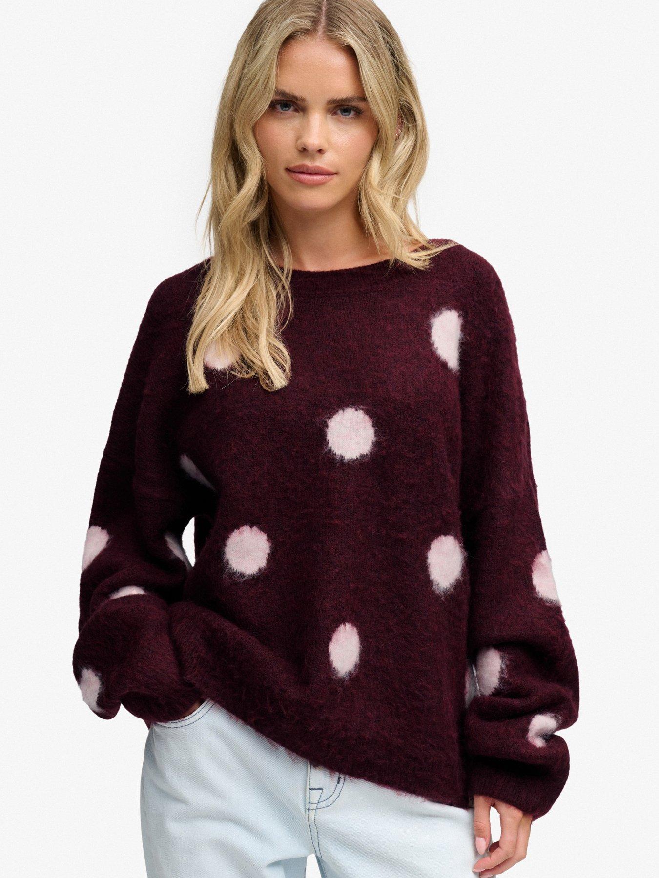Image 1 of 6 of Superdry Womens Brushed Polka Dot Relaxed Fit Jumper - Red